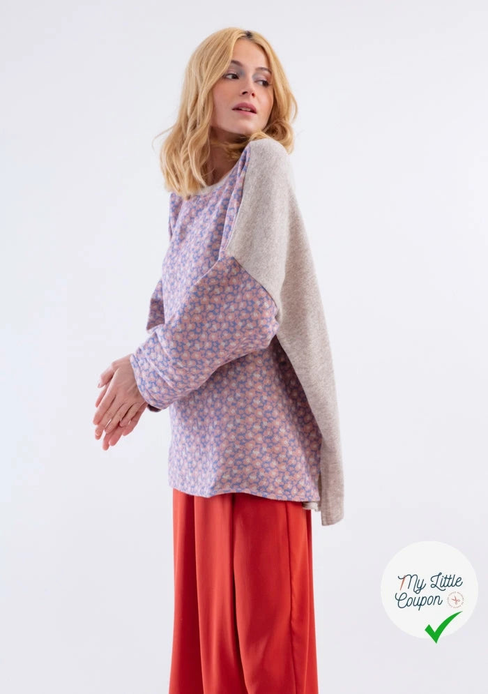 MAILLE GRATTÉE JACQUARD FLEURS ROSE PÂLE FOND BLEU - My Little Coupon
