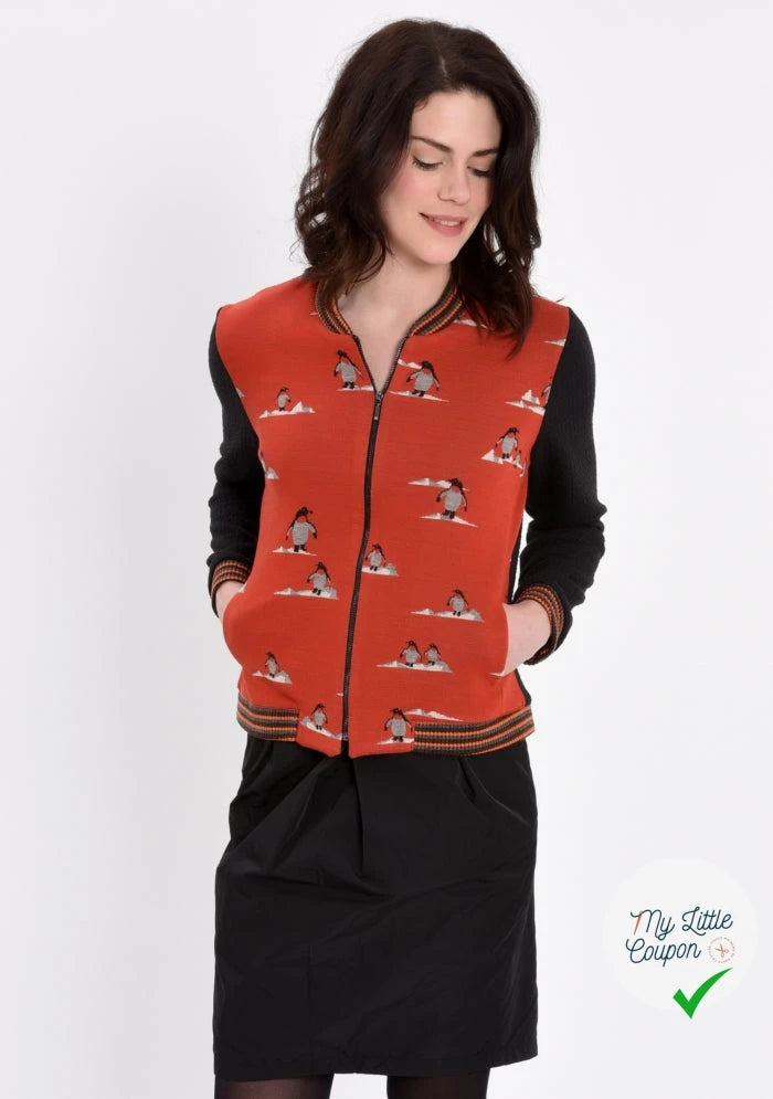 MAILLE JACQUARD ESPRIT MILANO IMPRIMÉ PINGOUINS ROUGE ORANGÉ - My Little Coupon