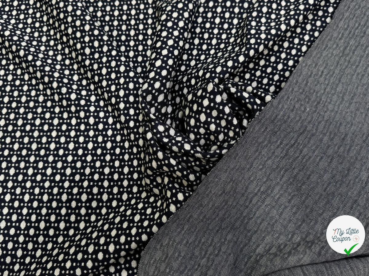 MAILLE JACQUARD ESPRIT MILANO MOTIF POIS ÉCRU FOND BLEU MARINE - My Little Coupon