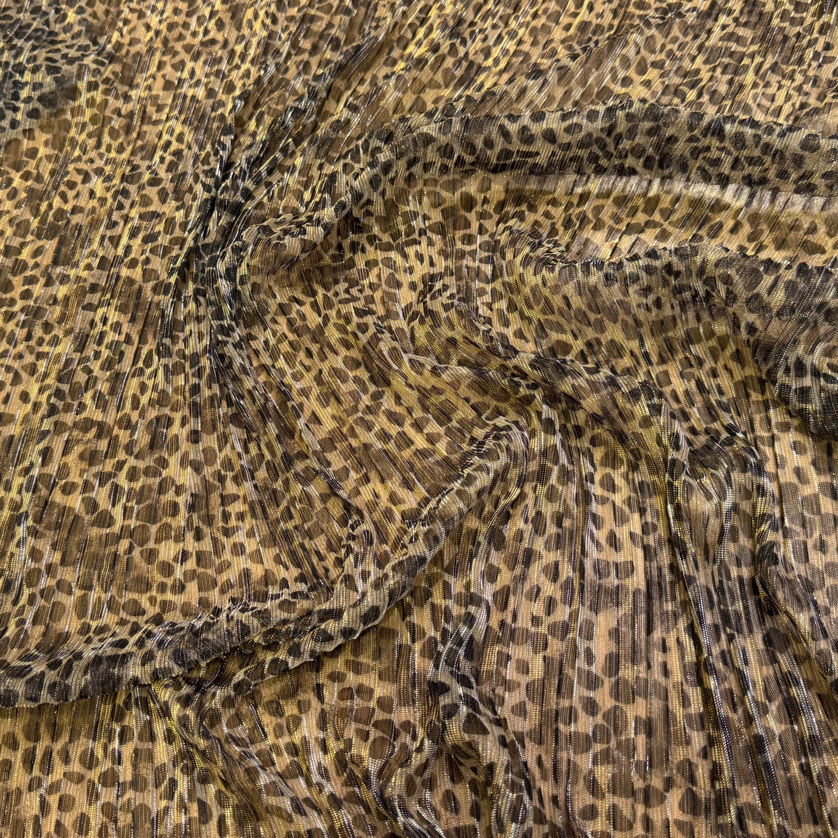 Tissu maille résille plissée léopard beige or - détail du tissu