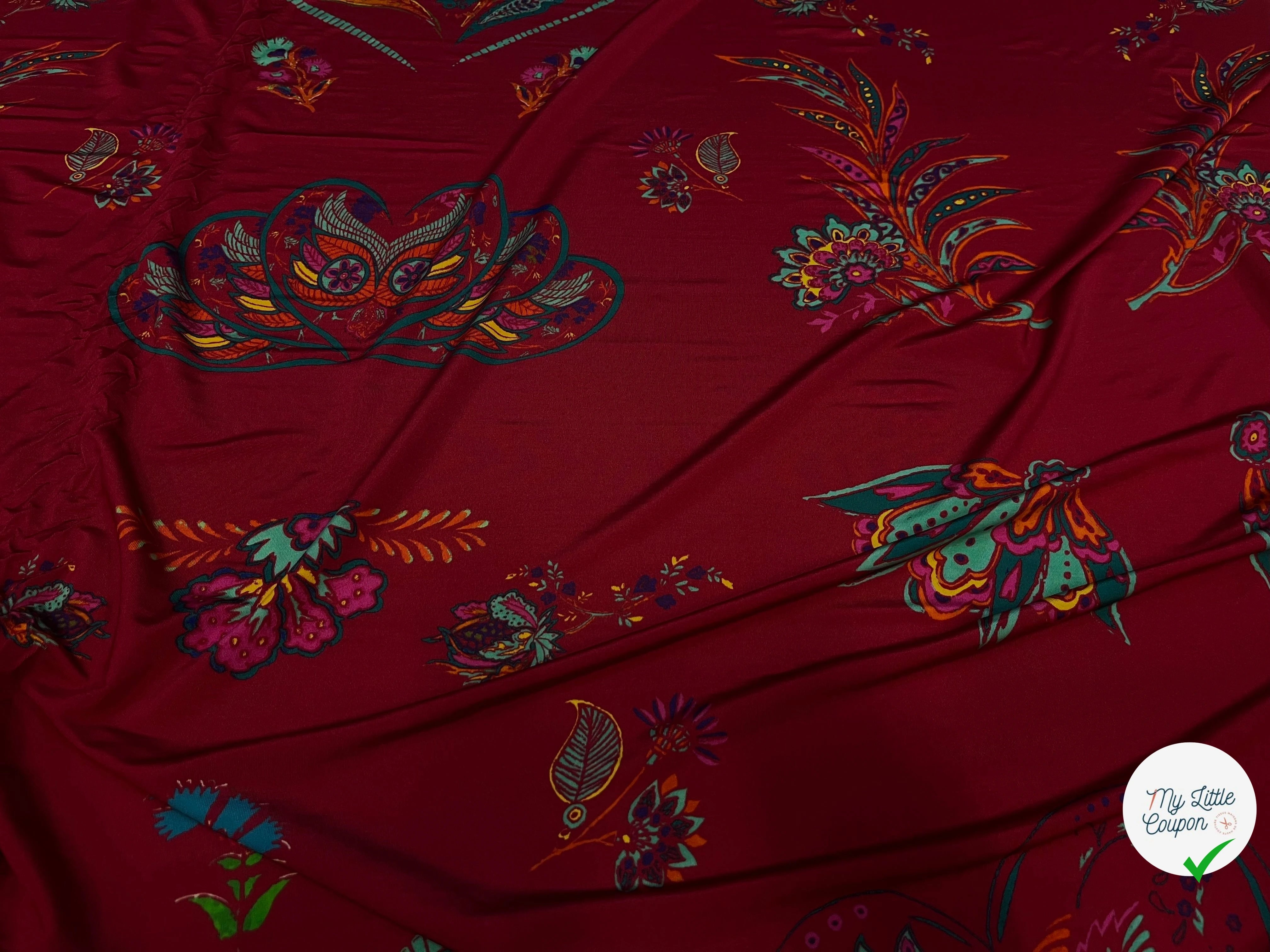 MAILLE VISCOSE BORDEAUX À MOTIFS COEURS ET FEUILLAGES - My Little Coupon