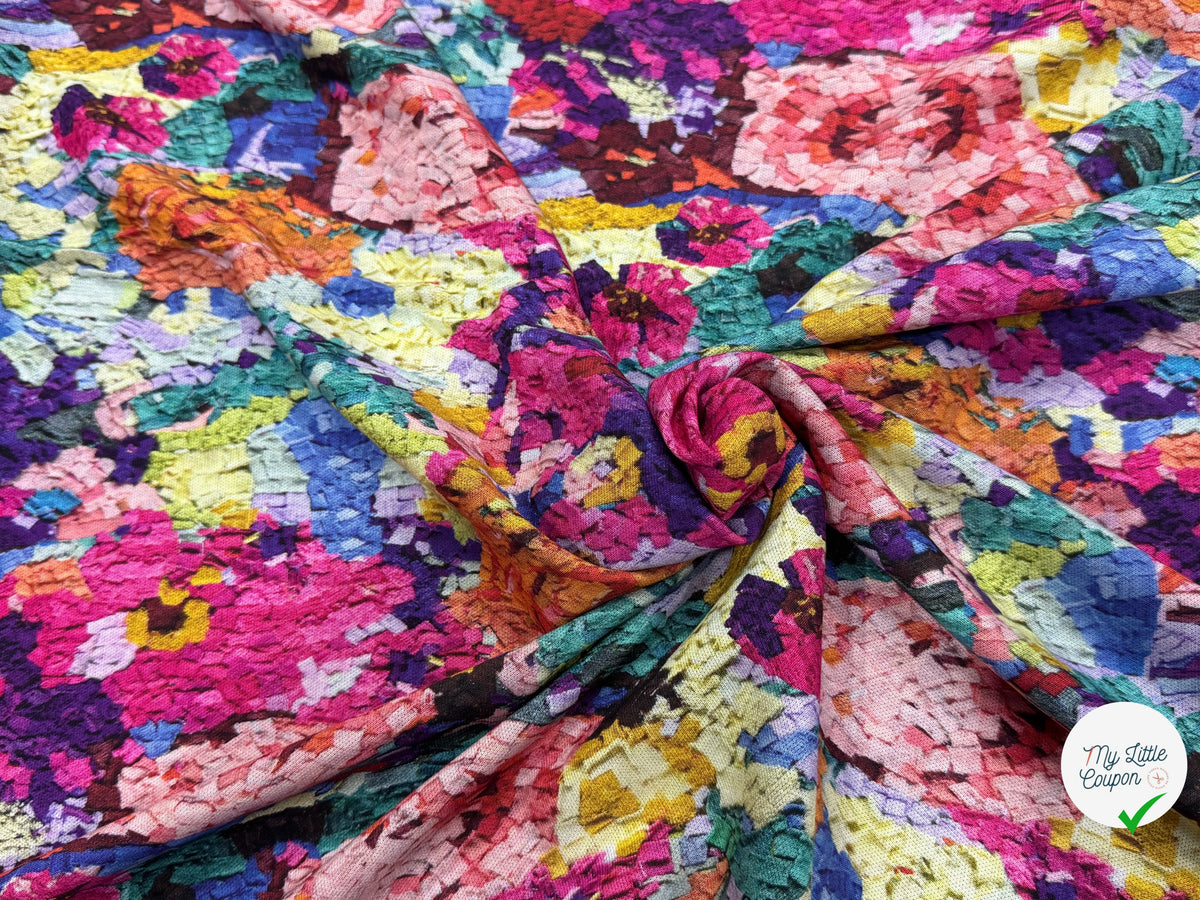 MAILLE VISCOSE STRETCH IMPRIMÉ FLEURS ESPRIT TAPISSERIE MULTICOLORE - My Little Coupon