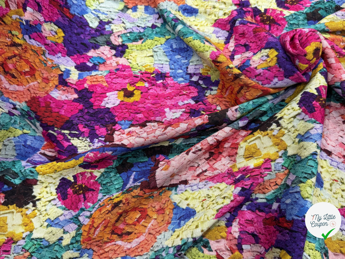 MAILLE VISCOSE STRETCH IMPRIMÉ FLEURS ESPRIT TAPISSERIE MULTICOLORE - My Little Coupon