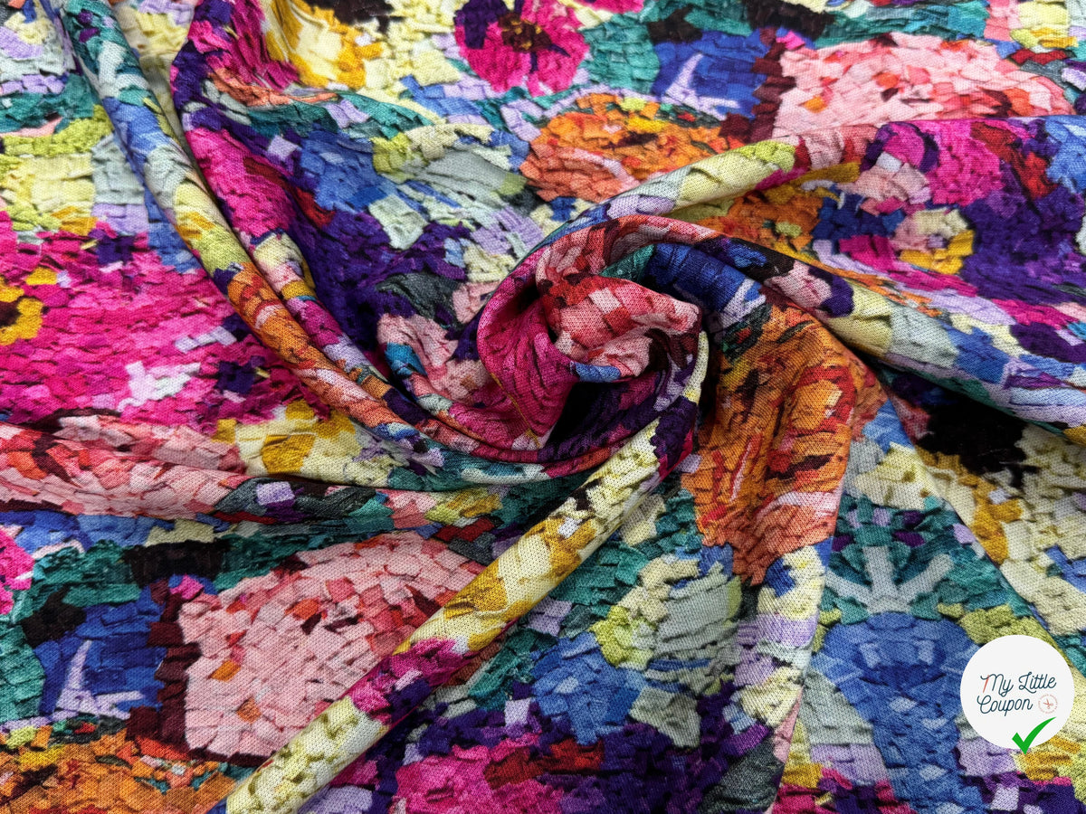 MAILLE VISCOSE STRETCH IMPRIMÉ FLEURS ESPRIT TAPISSERIE MULTICOLORE - My Little Coupon
