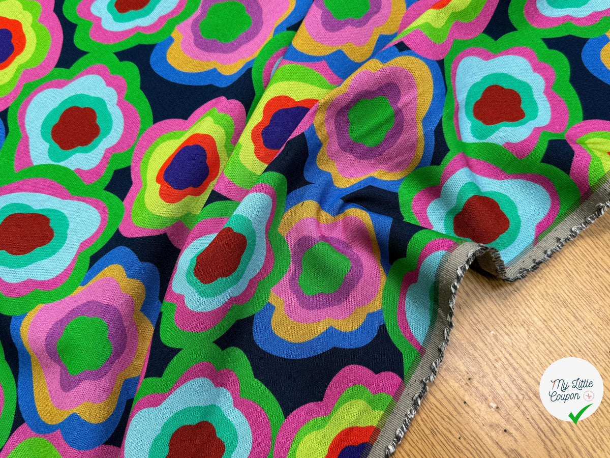 MAILLE VISCOSE STRETCH IMPRIMÉ FLEURS PSYCHÉDÉLIQUES MISTERY FLOWER POWER - My Little Coupon