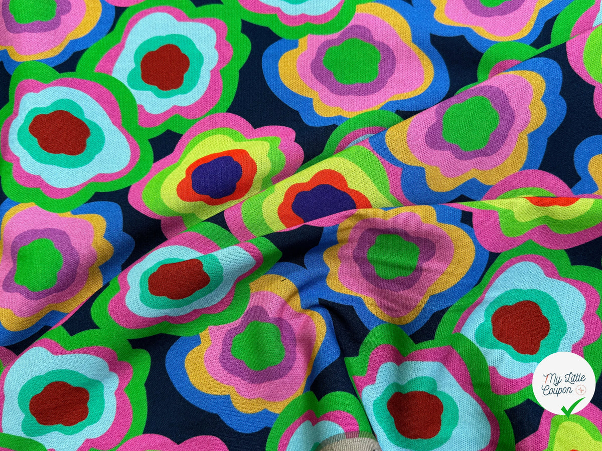 MAILLE VISCOSE STRETCH IMPRIMÉ FLEURS PSYCHÉDÉLIQUES MISTERY FLOWER POWER - My Little Coupon