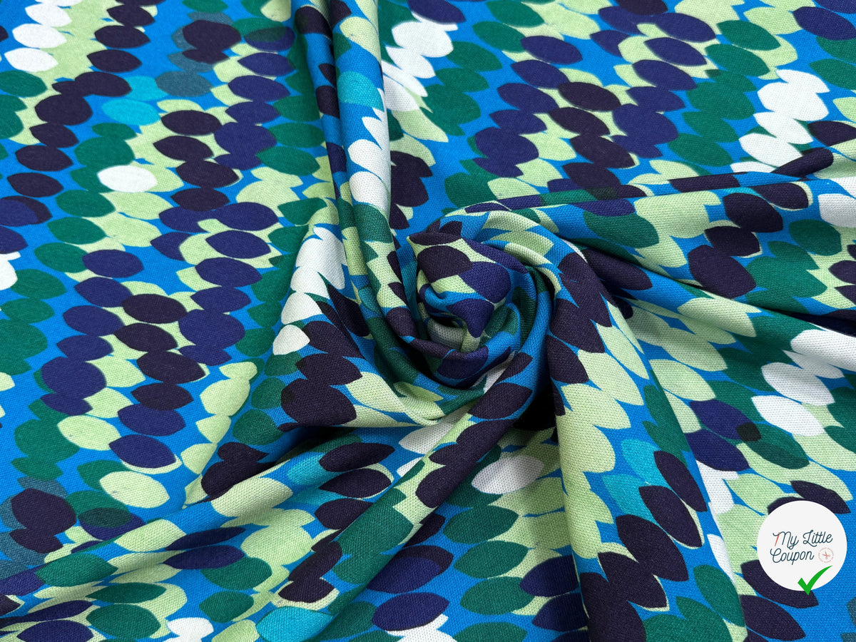 MAILLE VISCOSE STRETCH IMPRIMÉ OLIVES BLEU MISTERY EN RANG BLEU - My Little Coupon