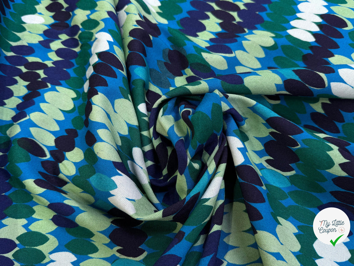 MAILLE VISCOSE STRETCH IMPRIMÉ OLIVES BLEU MISTERY EN RANG BLEU - My Little Coupon