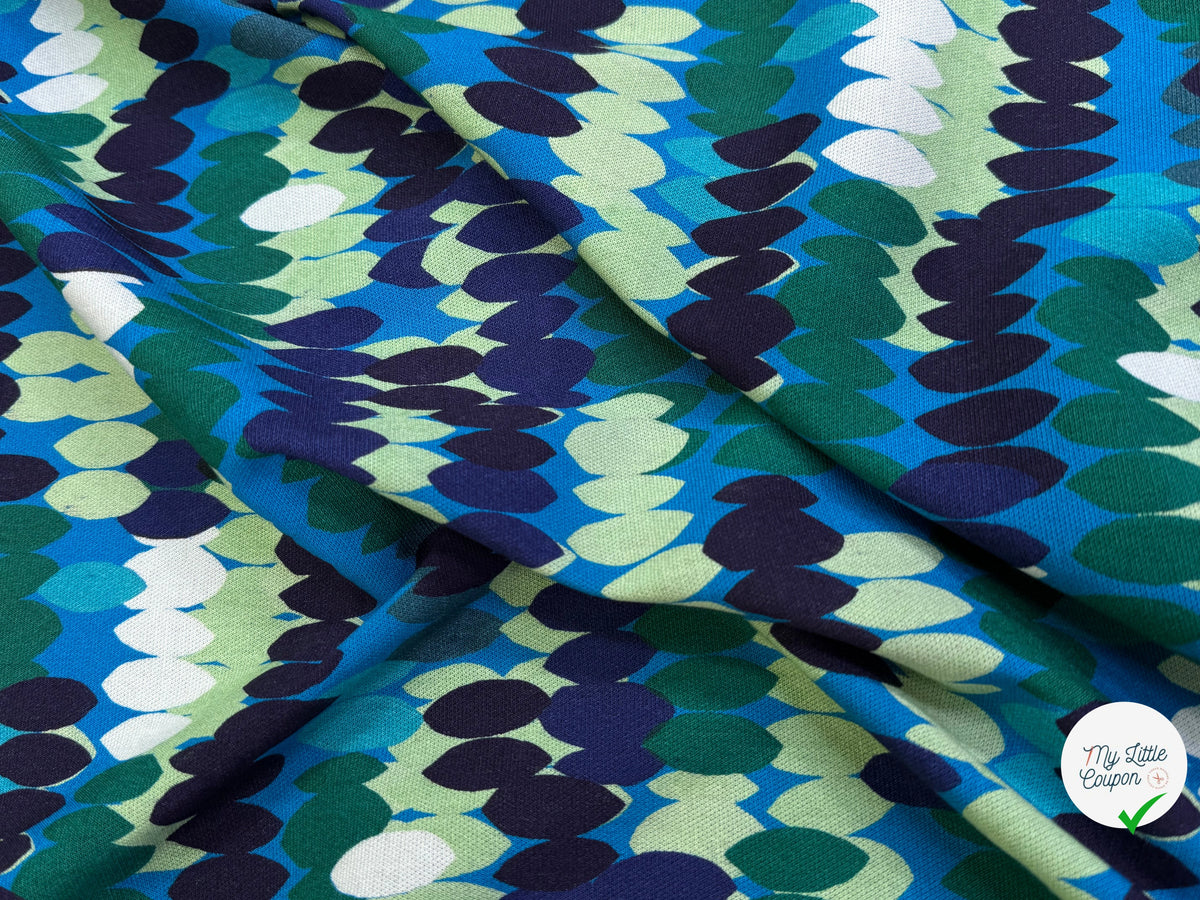 MAILLE VISCOSE STRETCH IMPRIMÉ OLIVES BLEU MISTERY EN RANG BLEU - My Little Coupon