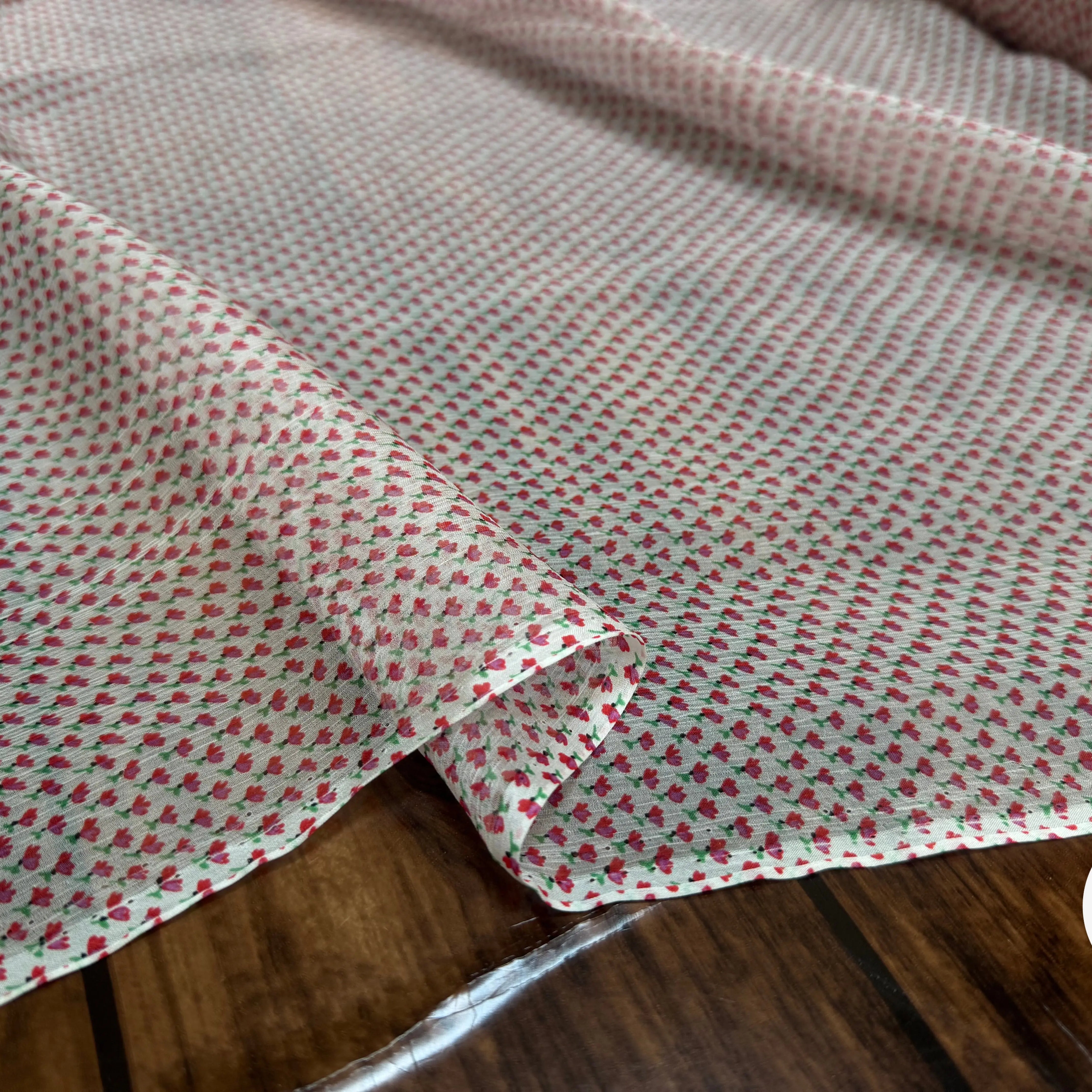 MOUSSELINE DE SOIE 100% SOIE MOTIFS FLEURS PRINTEMPS BLANC - My Little Coupon