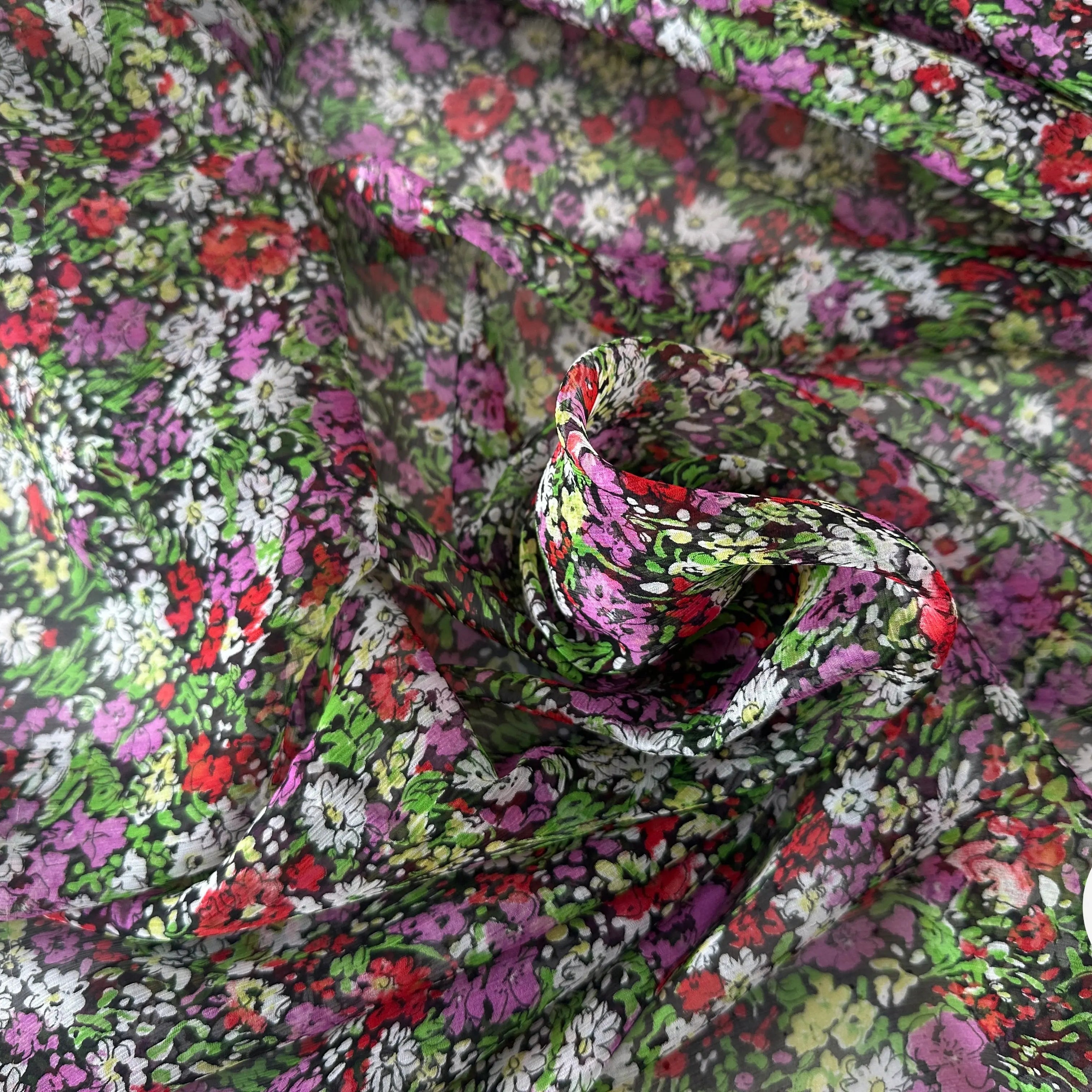 MOUSSELINE DE SOIE PETITES FLEURS FOND NOIR MLC INTERN