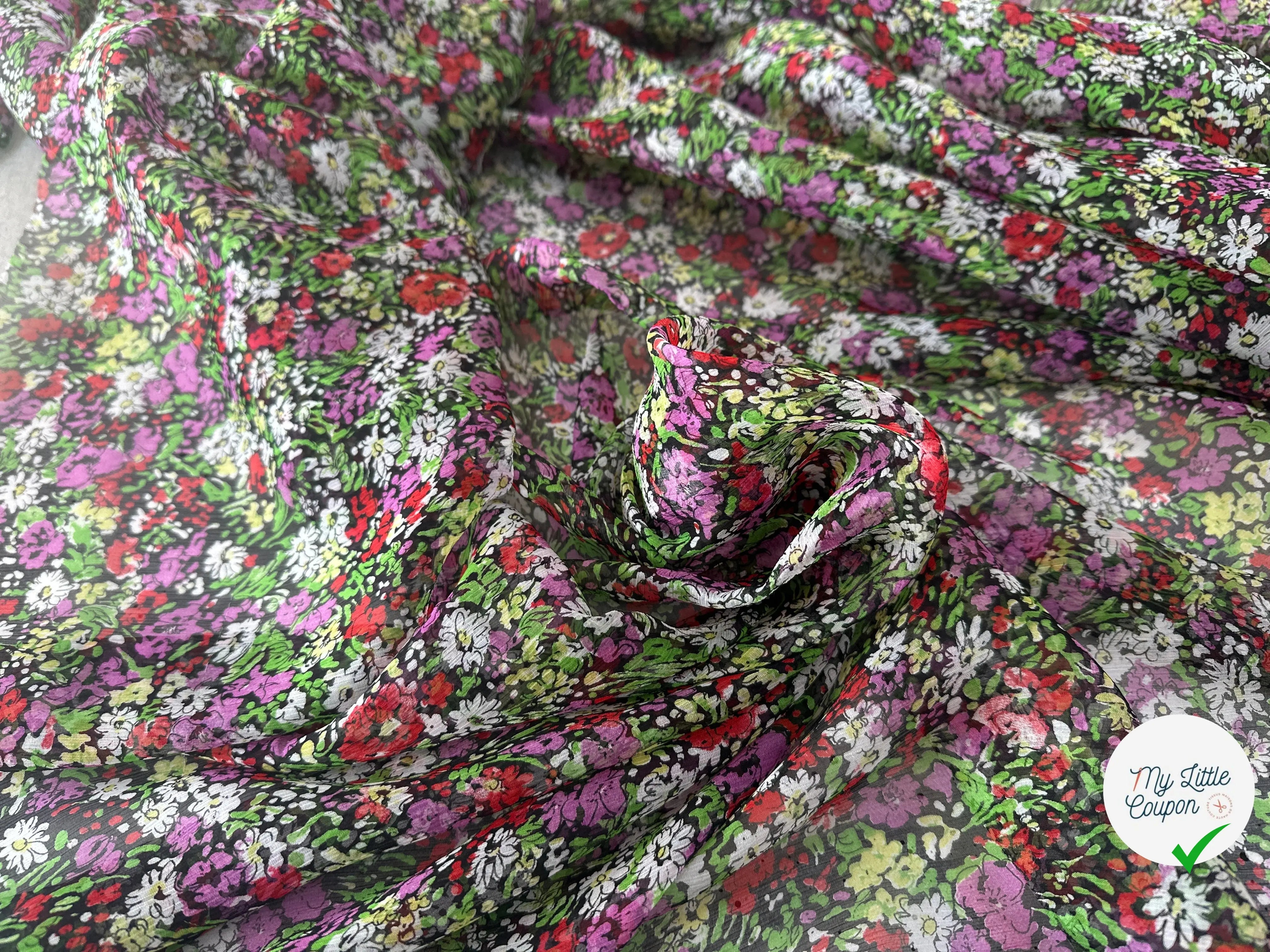 MOUSSELINE DE SOIE PETITES FLEURS FOND NOIR MLC INTERN