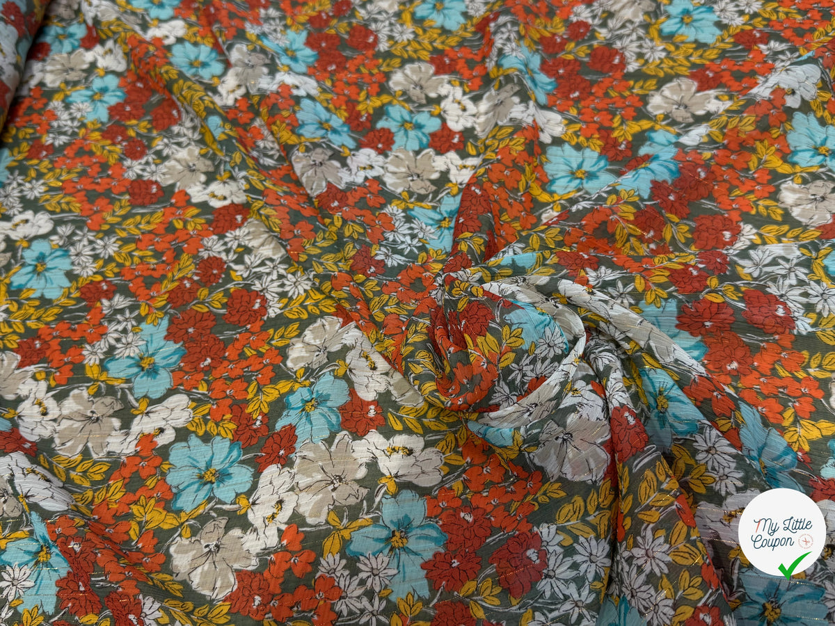 MOUSSELINE FIL MÉTAL IMPRIMÉ JOLIES FLEURS MULICOLORES CHIC - My Little Coupon