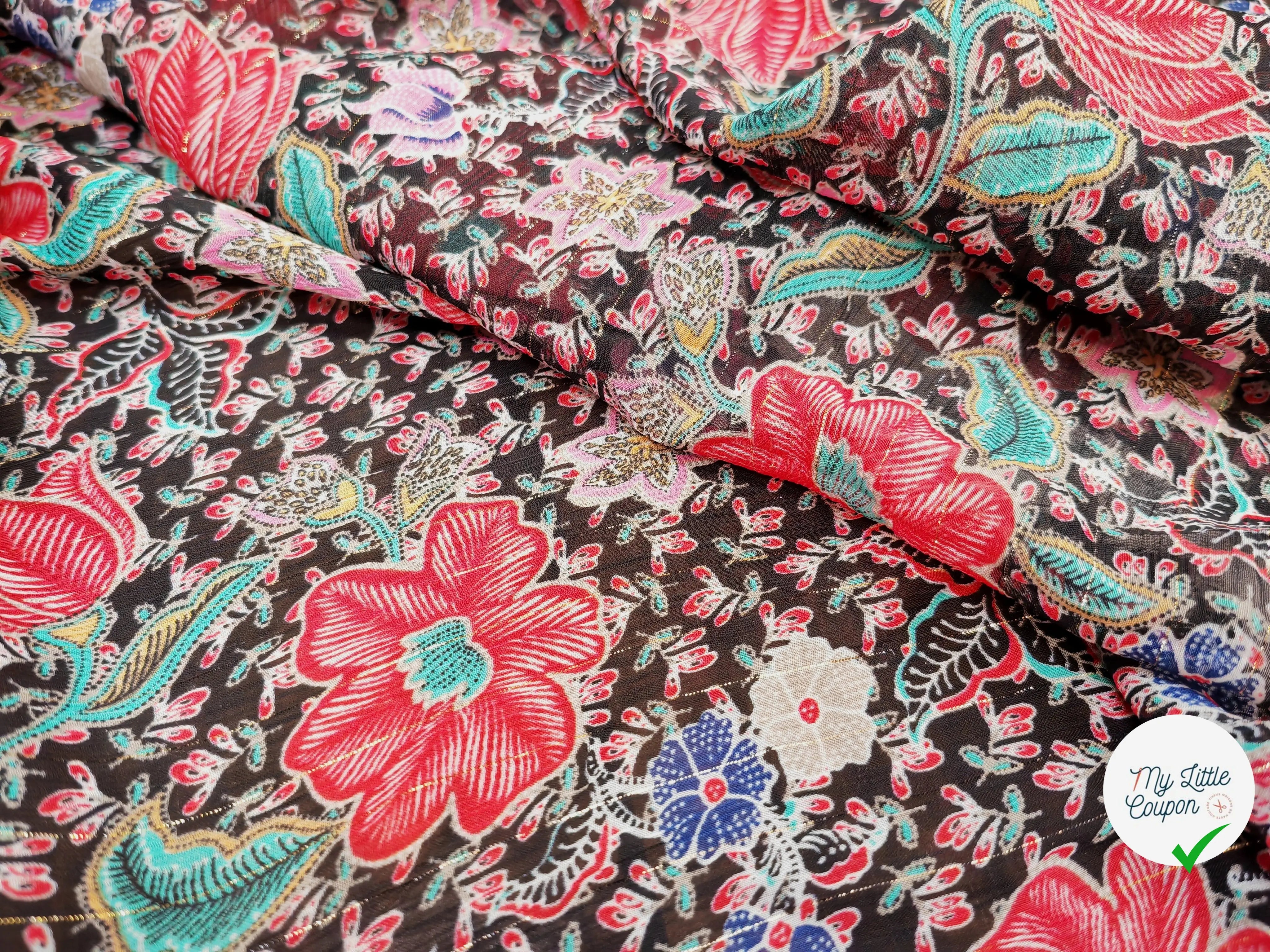 MOUSSELINE FLEURS ORIENTALES FOND NOIR - My Little Coupon