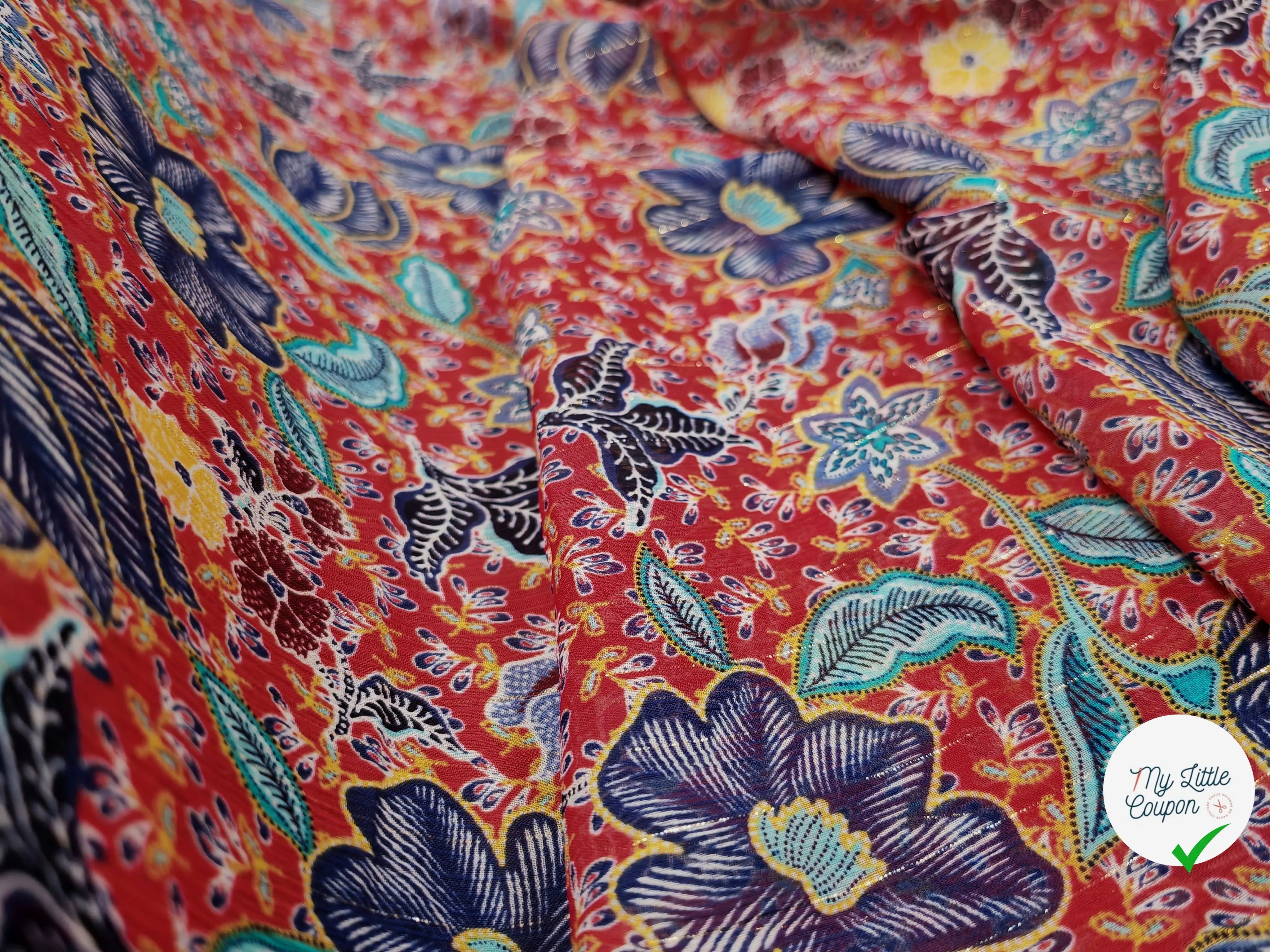 MOUSSELINE FLEURS ORIENTALES FOND ROUGE - My Little Coupon