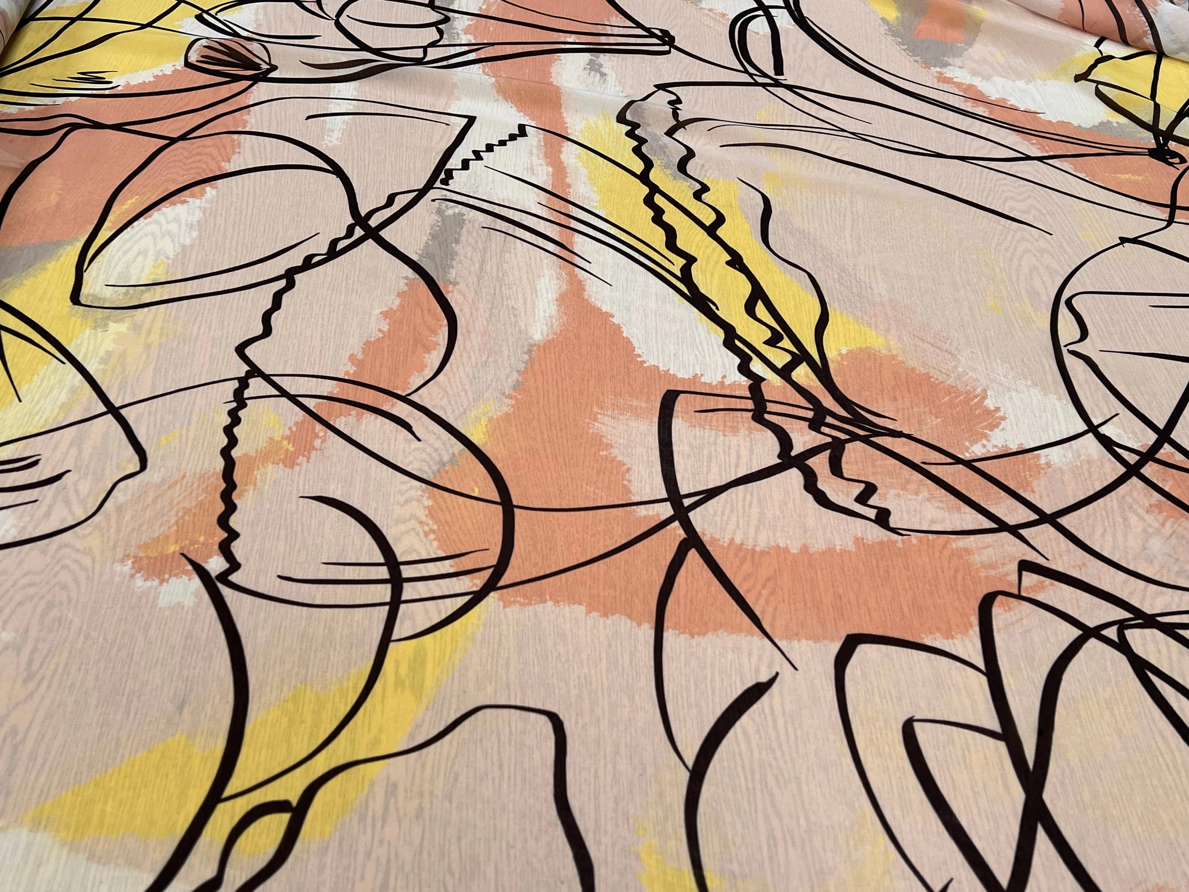 MOUSSELINE JAUNE MARRON MOTIF ABSTRAIT POLYESTER - My Little Coupon