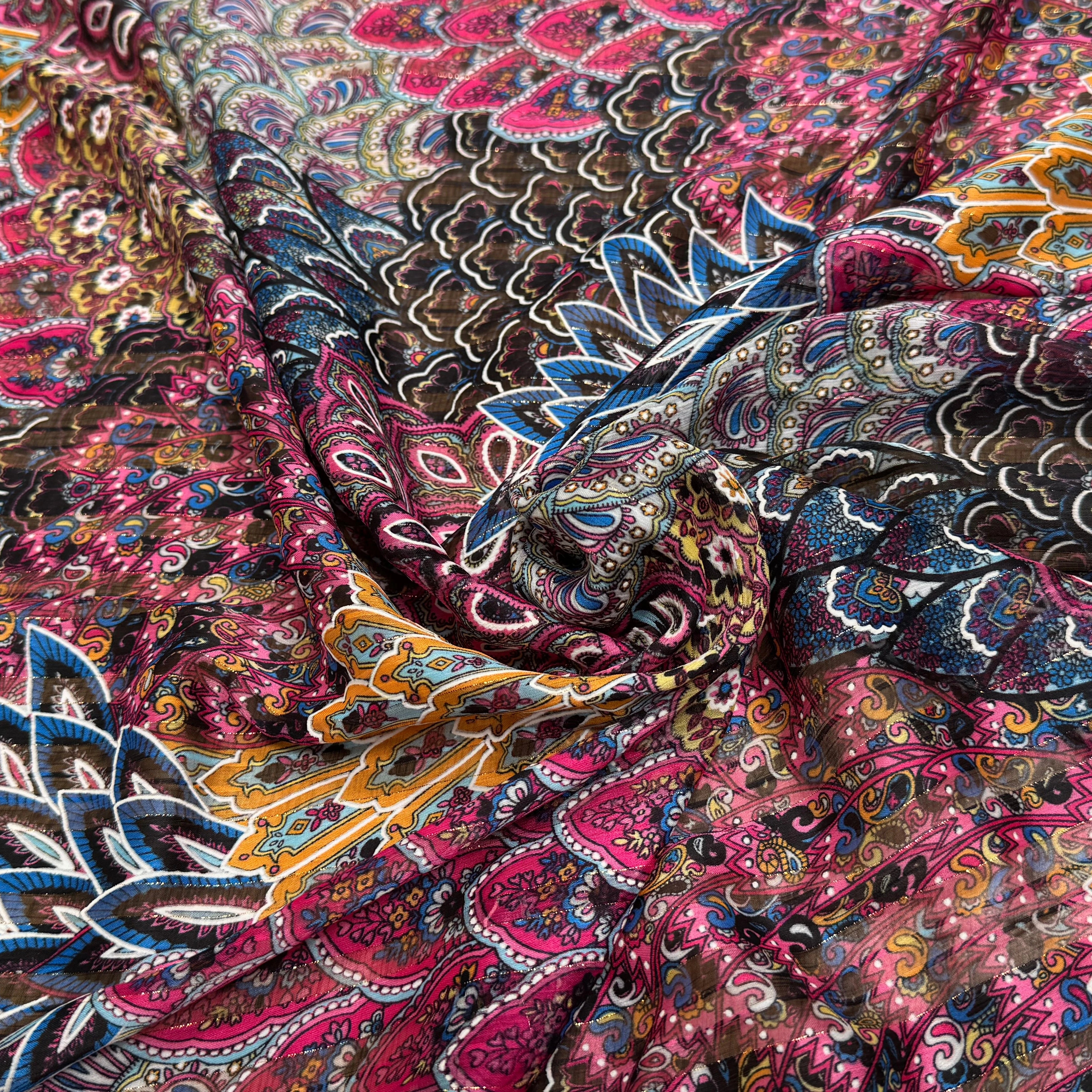 MOUSSELINE YORYU SATIN STRIPE PRINT FUSHIA BLUE&ORANGE - My Little Coupon