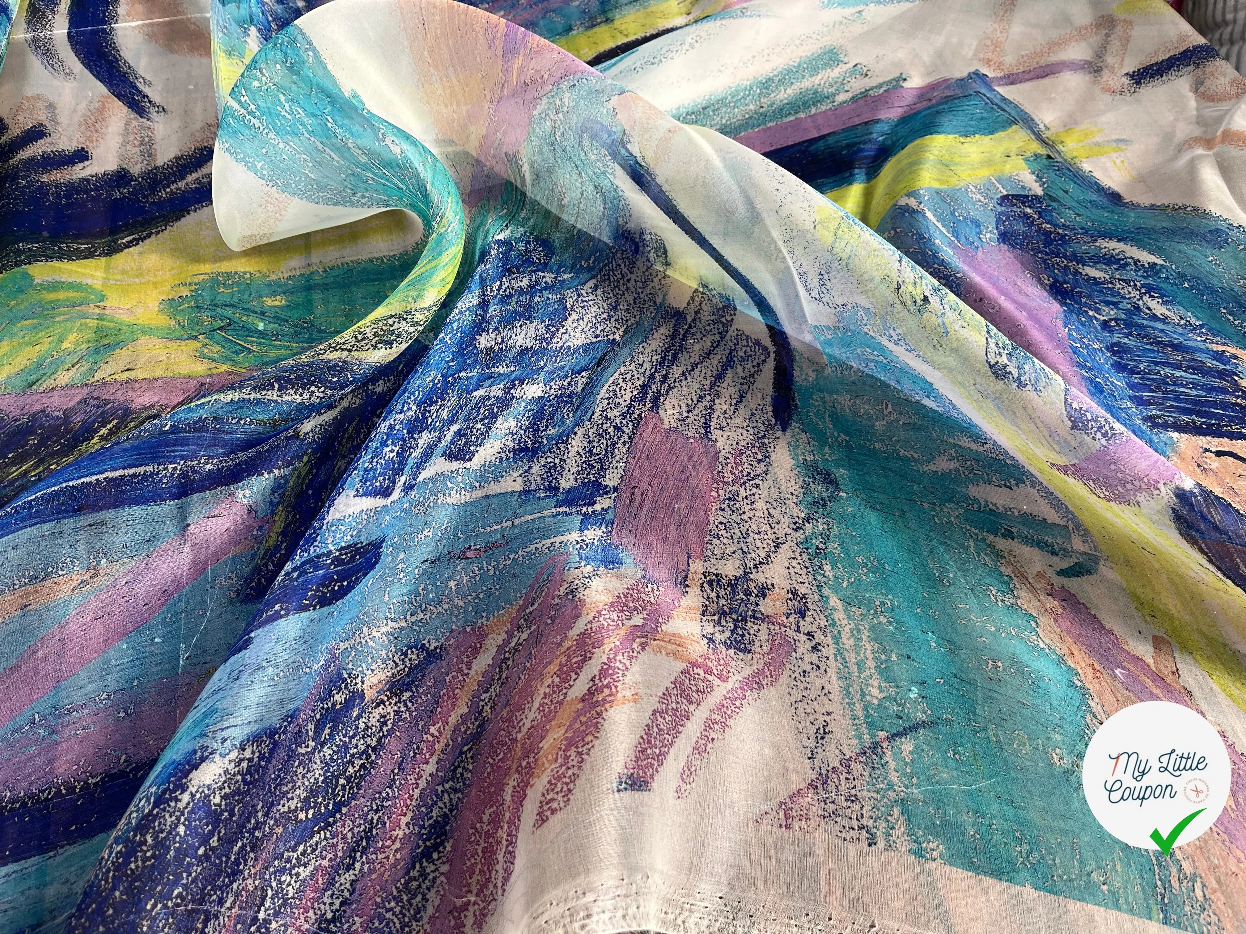 ORGANZA DE SOIE IMPRIMÉ GRAPHIQUE OCÉAN BLEU RAPPEL DE JAUNE - My Little Coupon