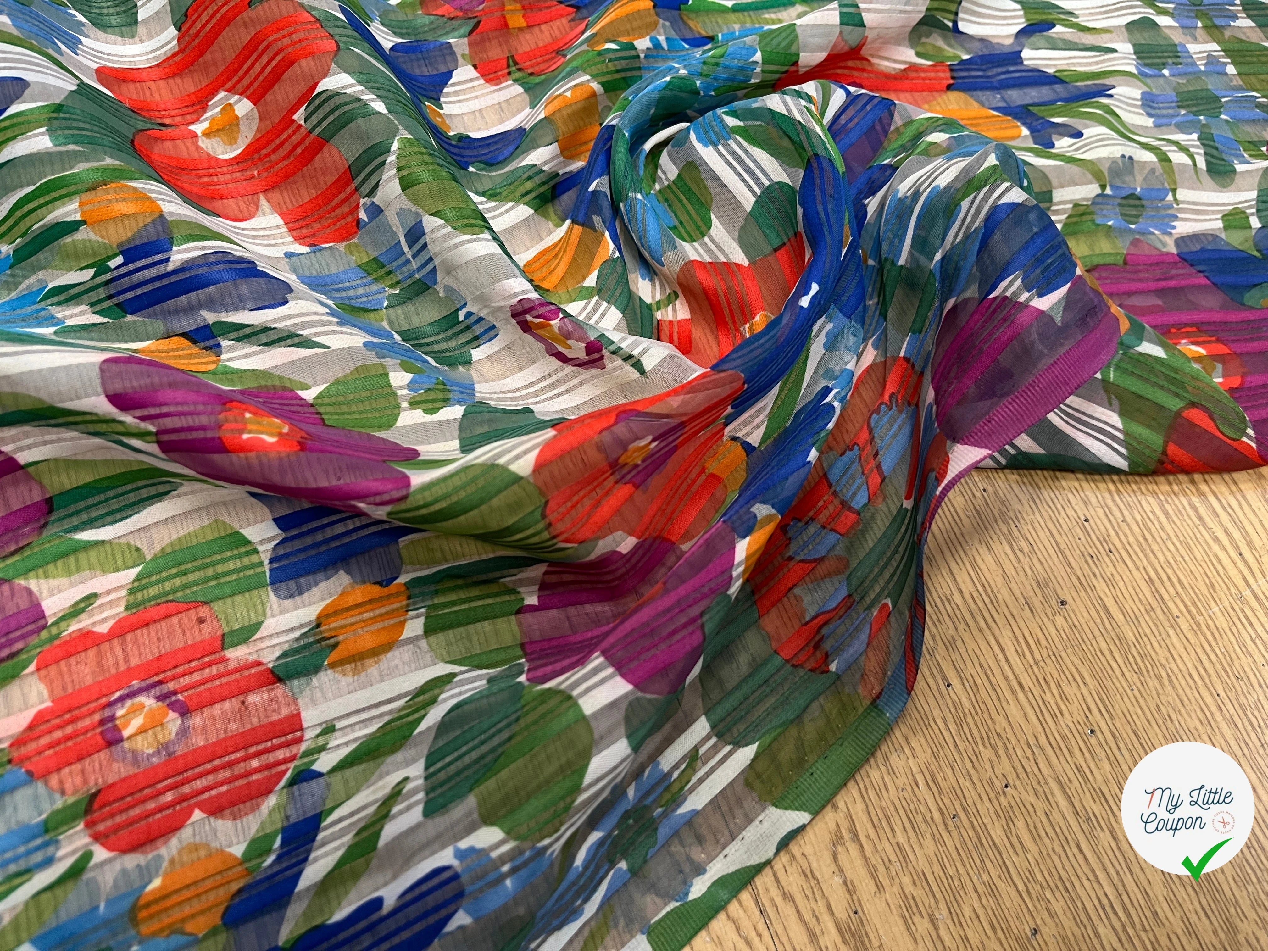ORGANZA IMPRIMÉ FLEURS MULTICOLORES AVEC DES RAYURES TEXTURÉES - My Little Coupon