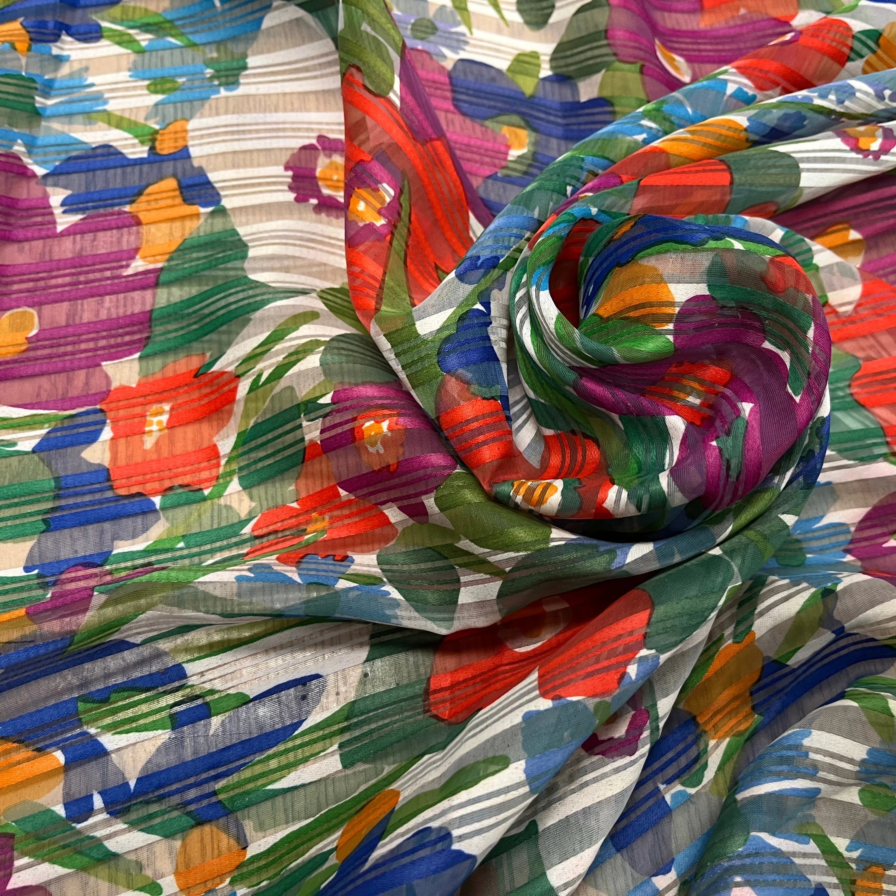 ORGANZA IMPRIMÉ FLEURS MULTICOLORES AVEC DES RAYURES TEXTURÉES - My Little Coupon