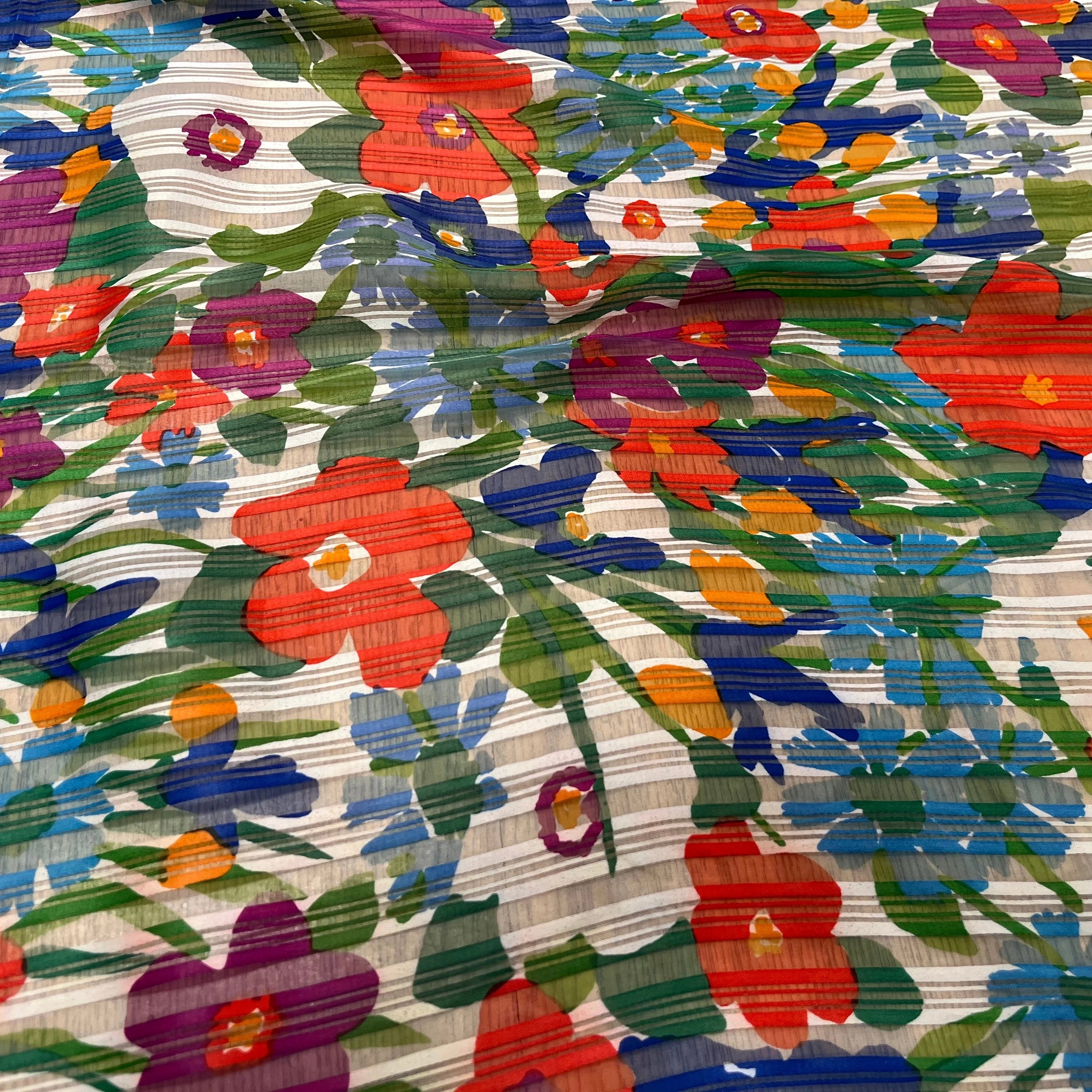 ORGANZA IMPRIMÉ FLEURS MULTICOLORES AVEC DES RAYURES TEXTURÉES - My Little Coupon