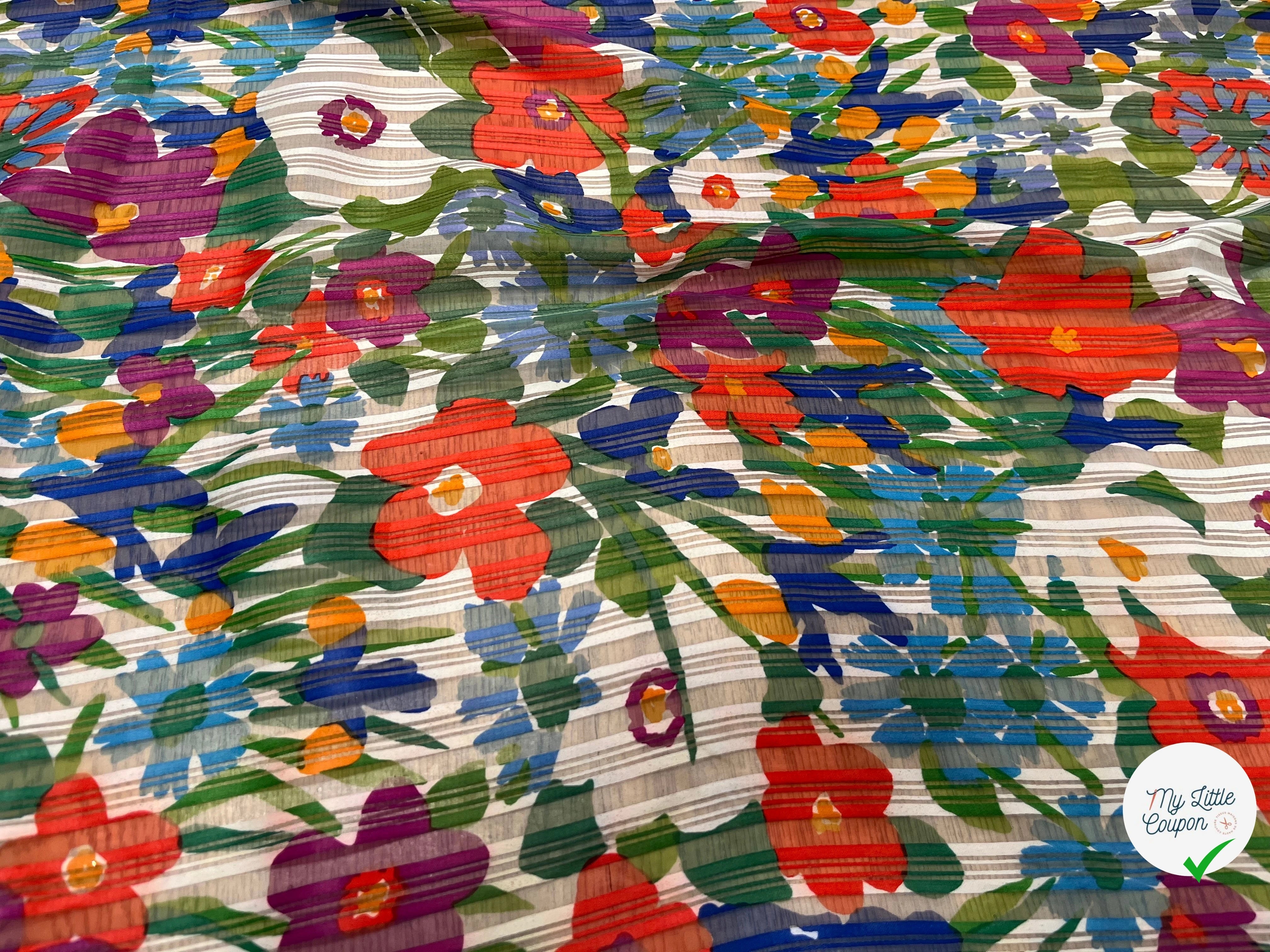 ORGANZA IMPRIMÉ FLEURS MULTICOLORES AVEC DES RAYURES TEXTURÉES - My Little Coupon