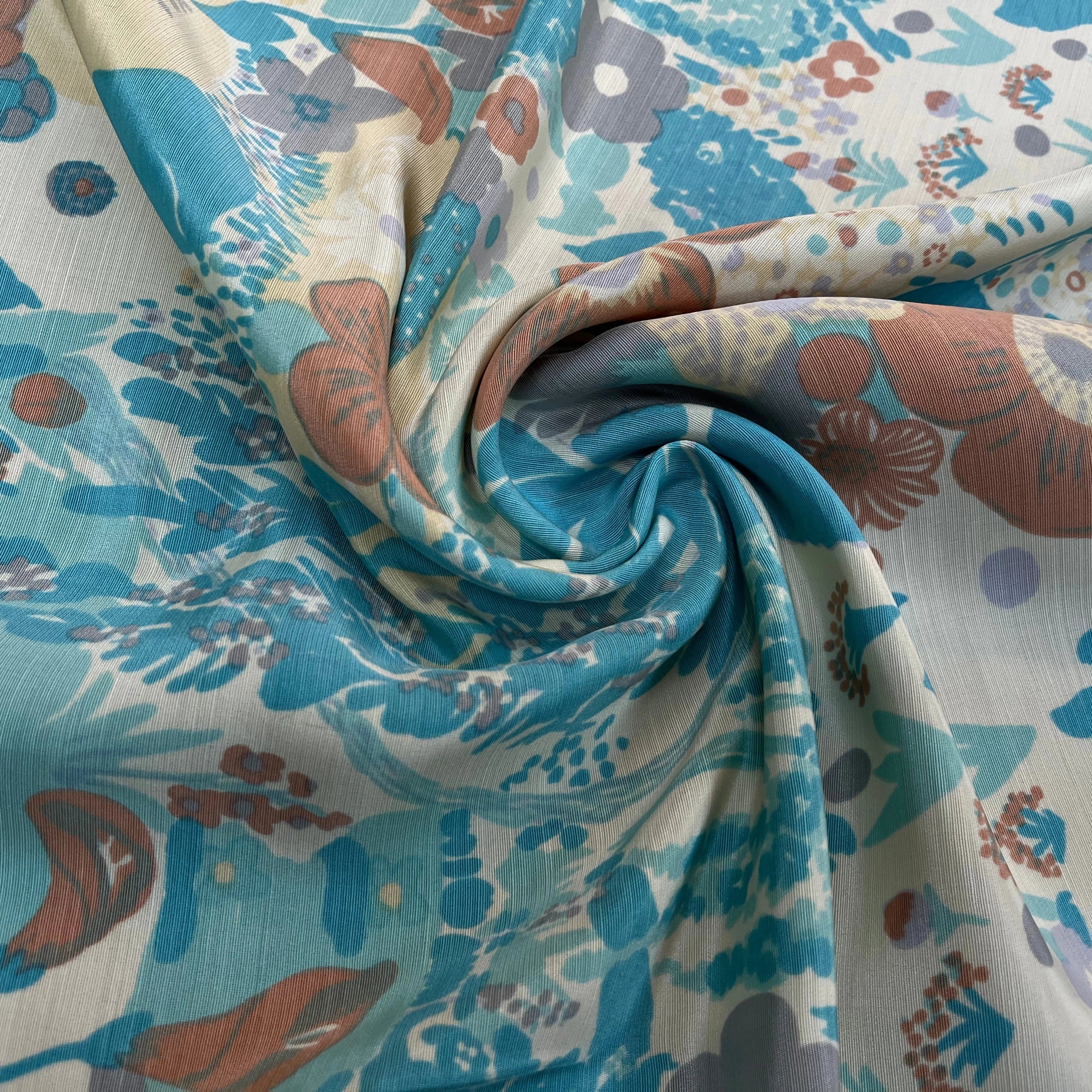 OTTOMAN LAINE VISCOSE FOND ÉCRU MOTIF FLEURS BLEU MARRON VERT 95CM - My Little Coupon