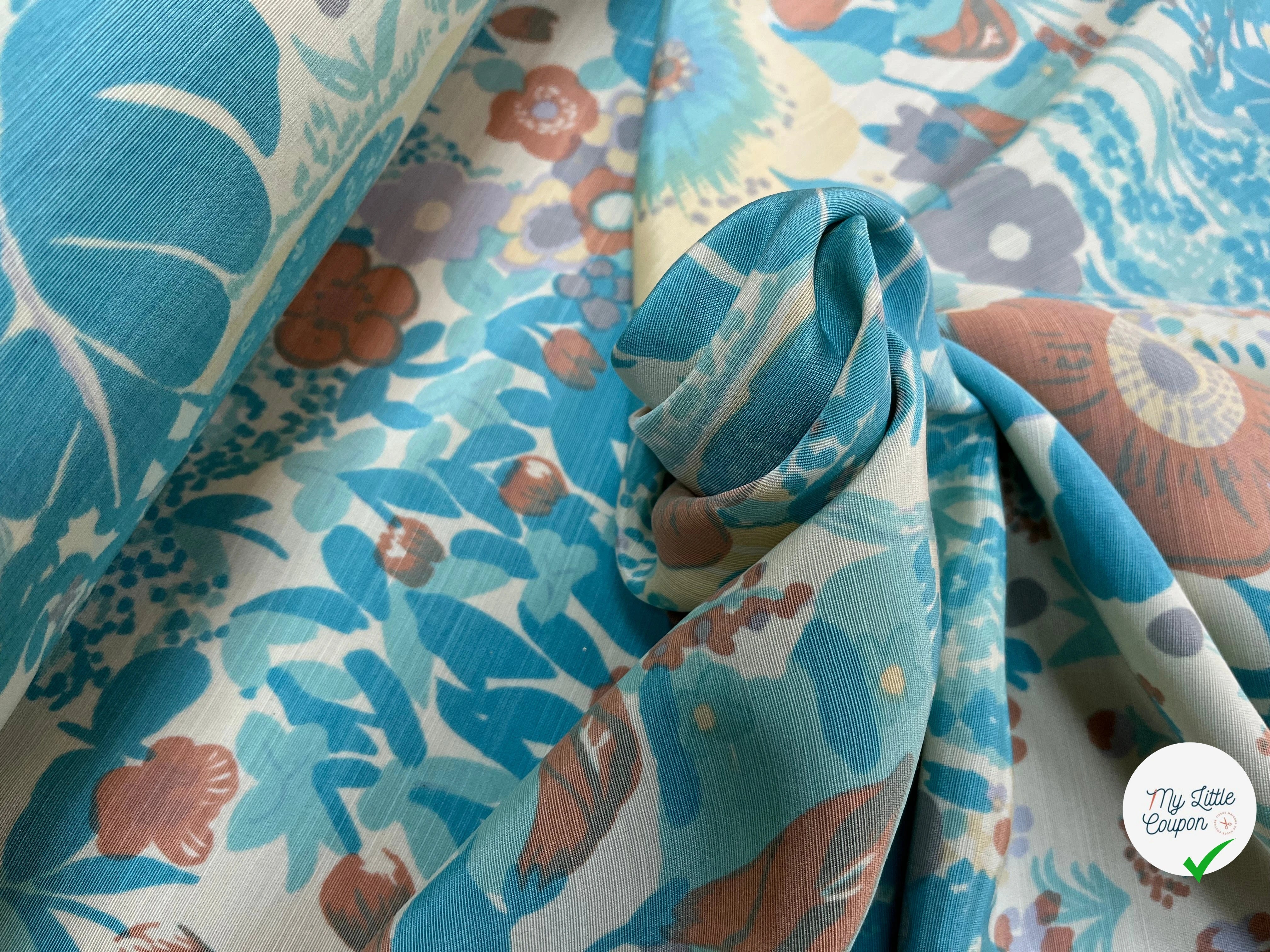 OTTOMAN LAINE VISCOSE FOND ÉCRU MOTIF FLEURS BLEU MARRON VERT 95CM - My Little Coupon