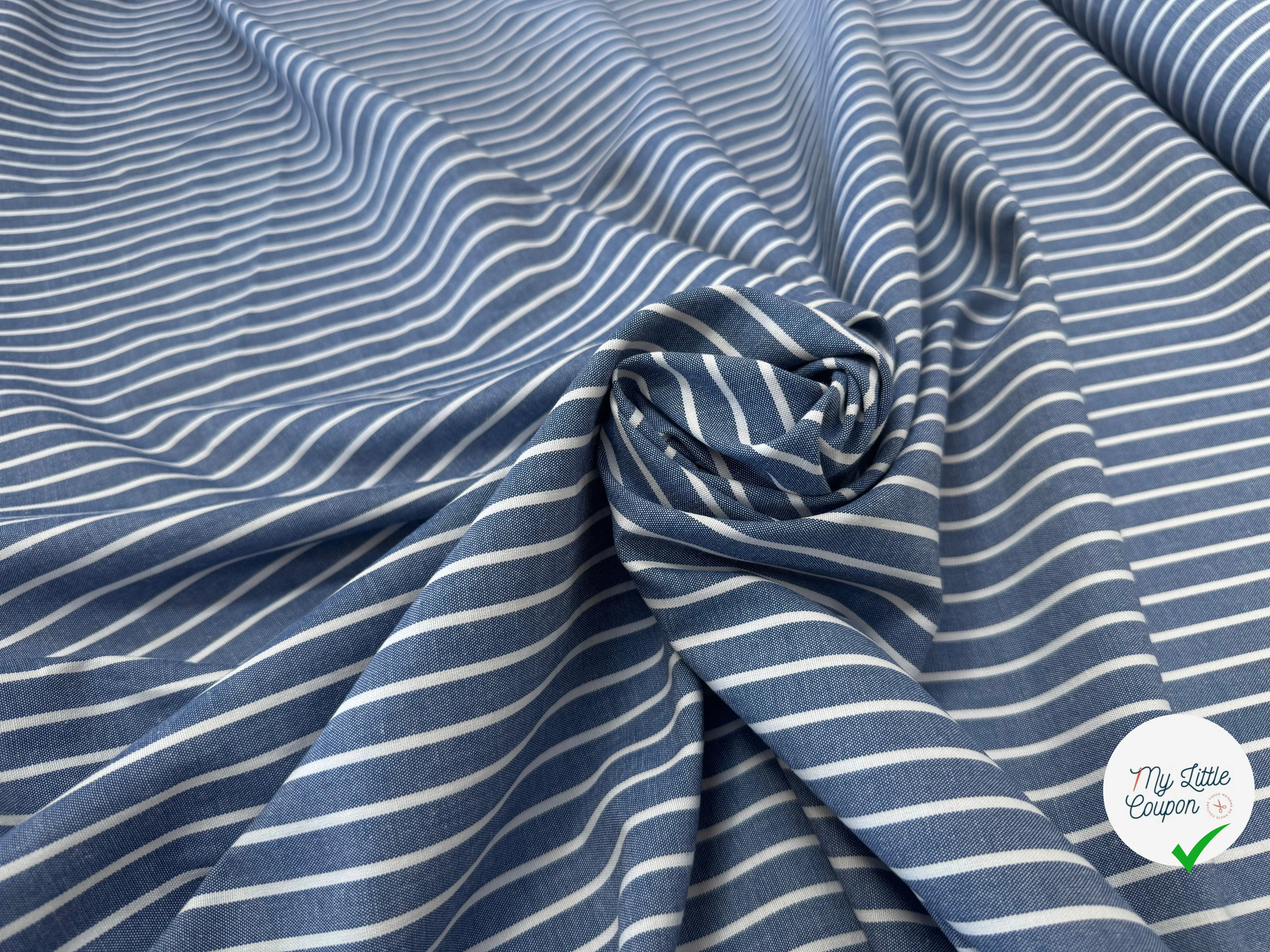 OXFORD DE COTON BLEU EFFET JEAN À RAYURES BLANCHES - My Little Coupon
