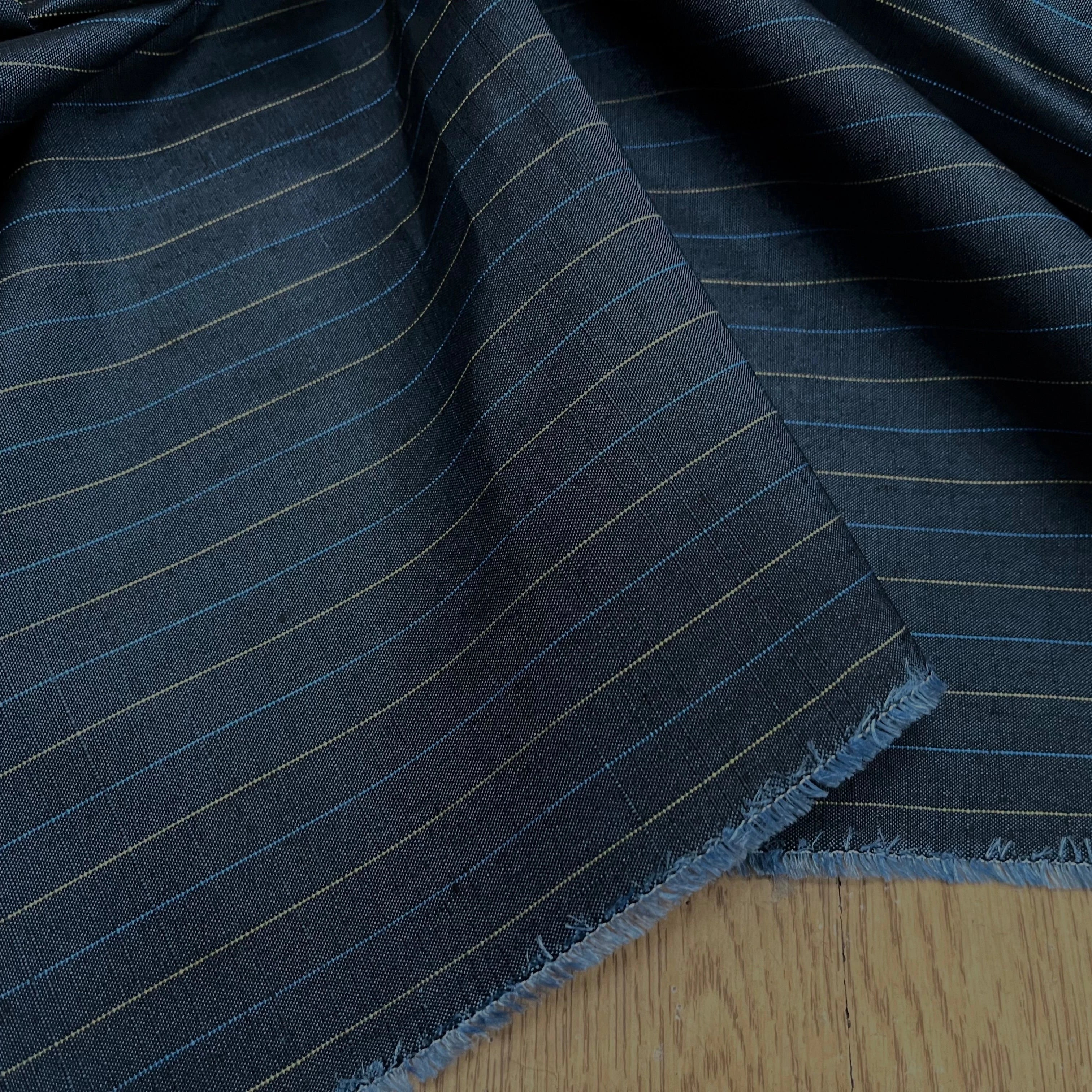 OXFORD DRU VISCOSE BLEU GRISÉ À RAURES BLEU&JAUNE - My Little Coupon