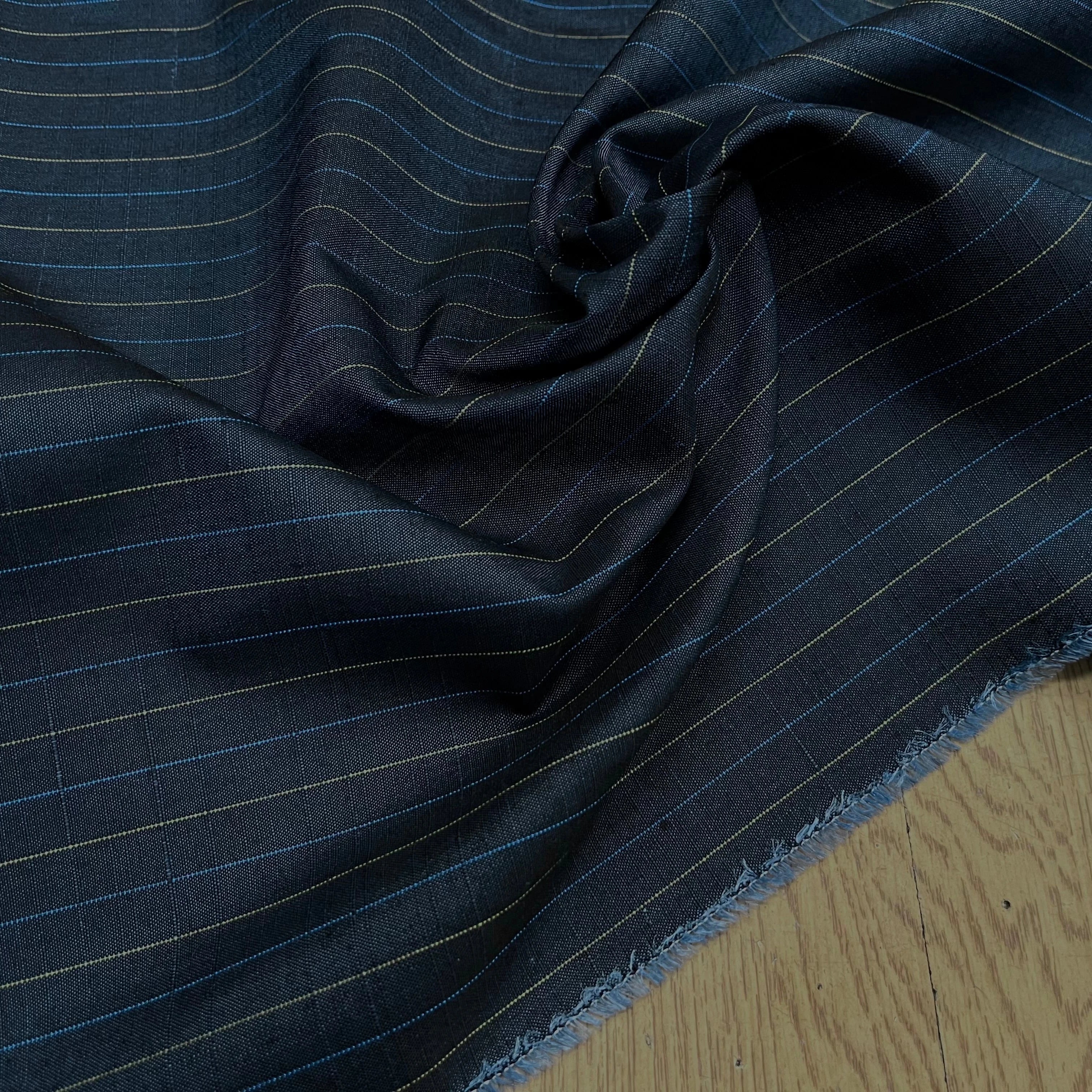 OXFORD DRU VISCOSE BLEU GRISÉ À RAURES BLEU&JAUNE - My Little Coupon