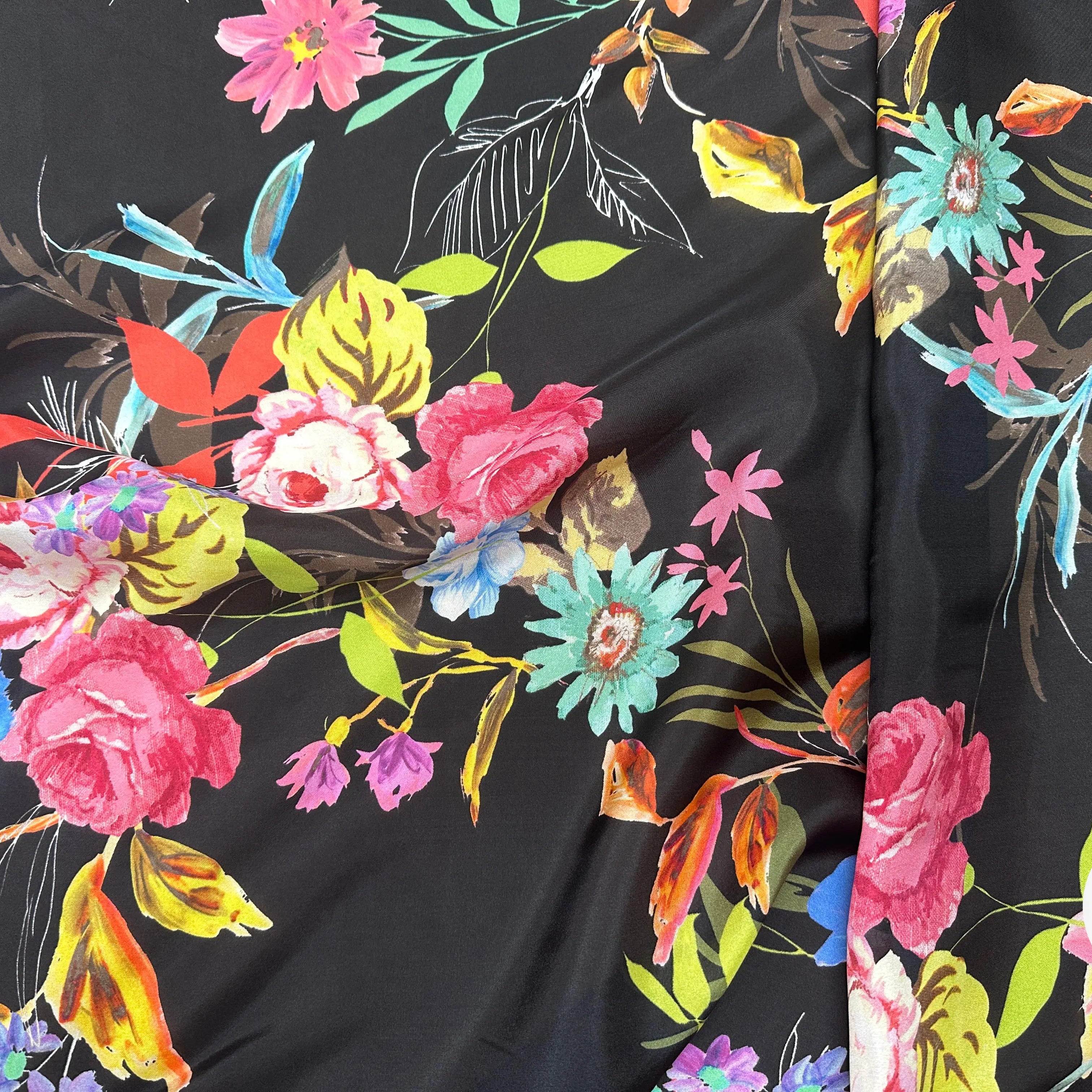 PONGÉ DE SOIE FLEURS FOND NOIR - My Little Coupon