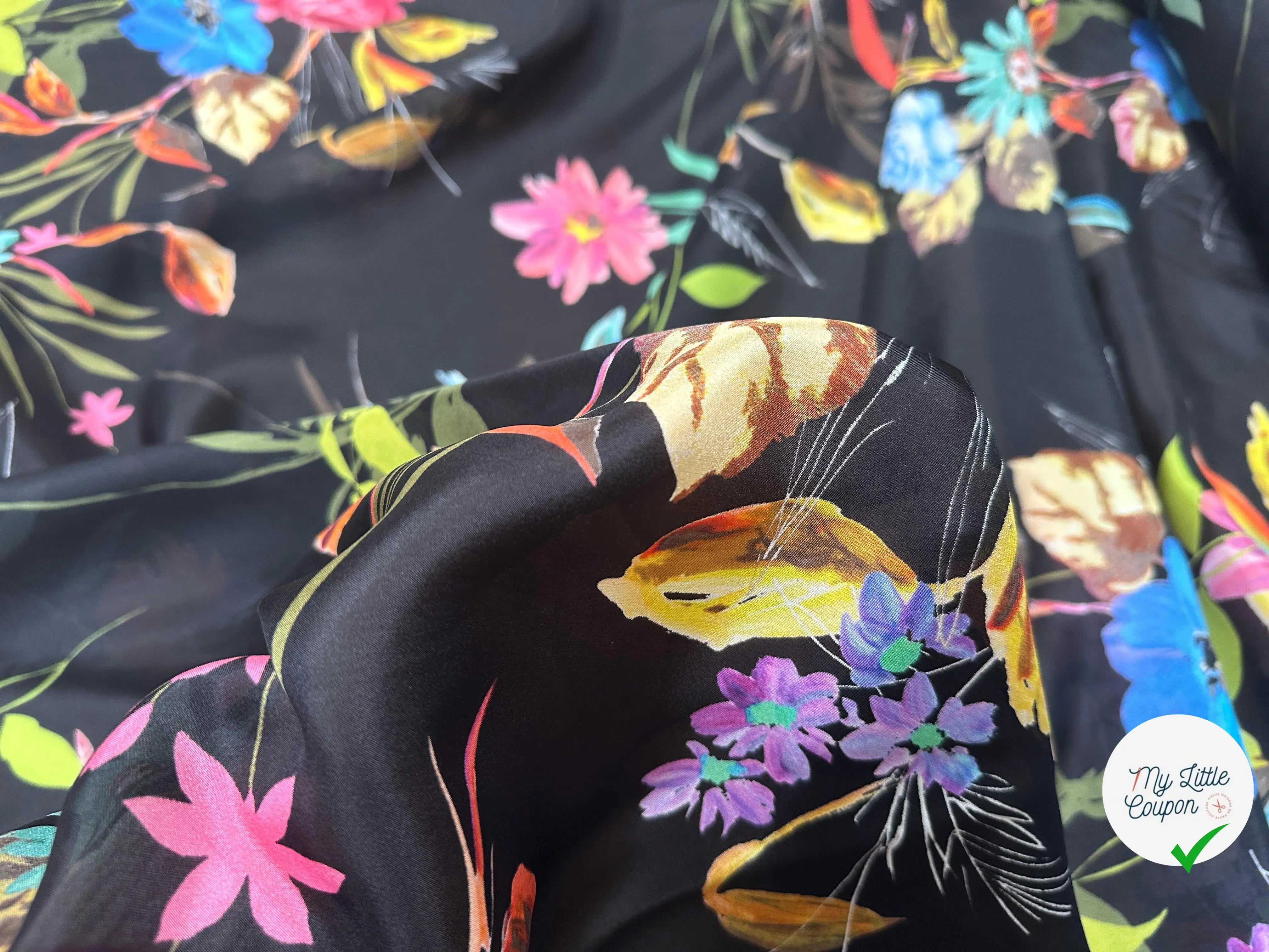 PONGÉ DE SOIE FLEURS FOND NOIR - My Little Coupon
