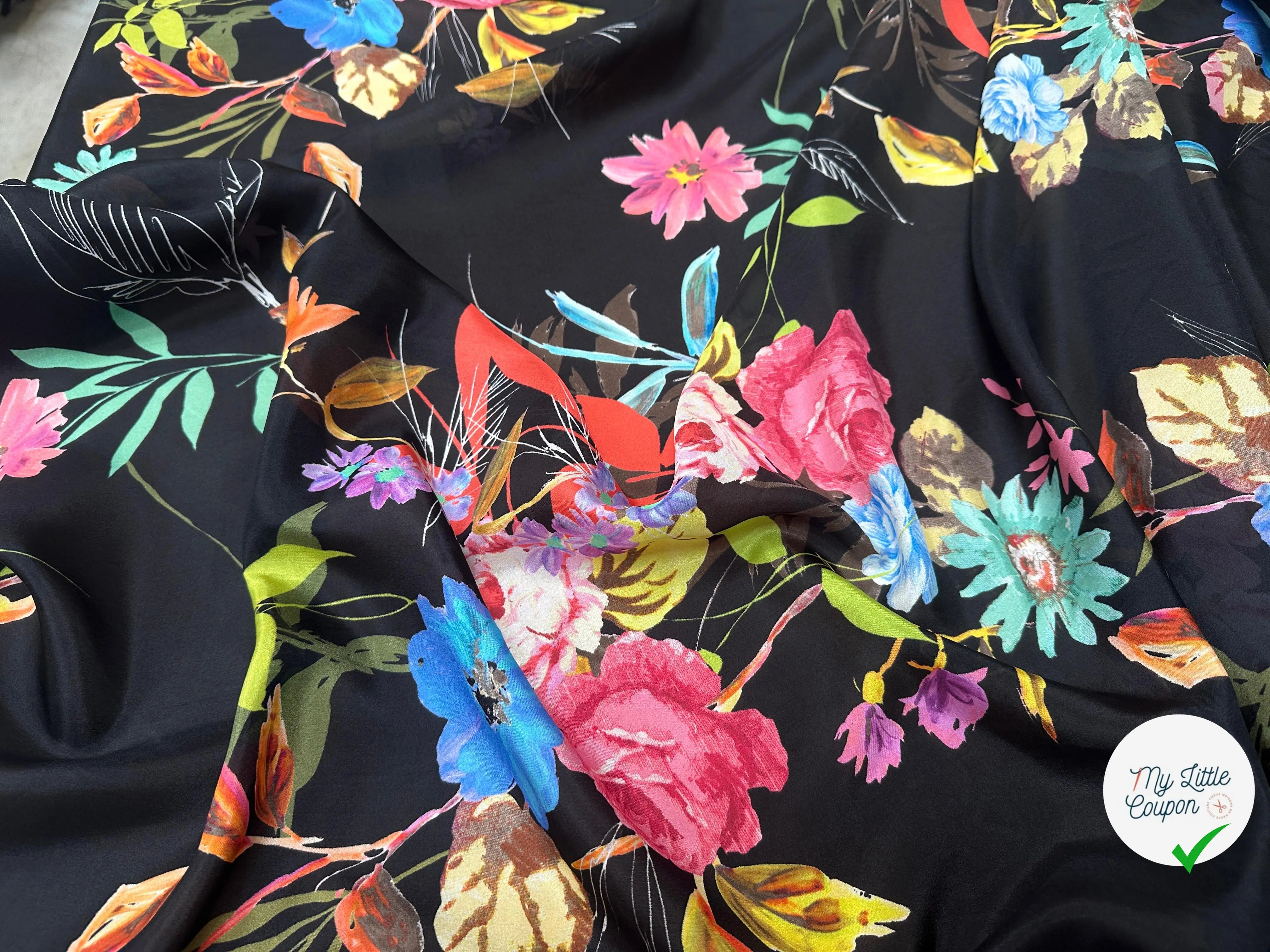 PONGÉ DE SOIE FLEURS FOND NOIR - My Little Coupon