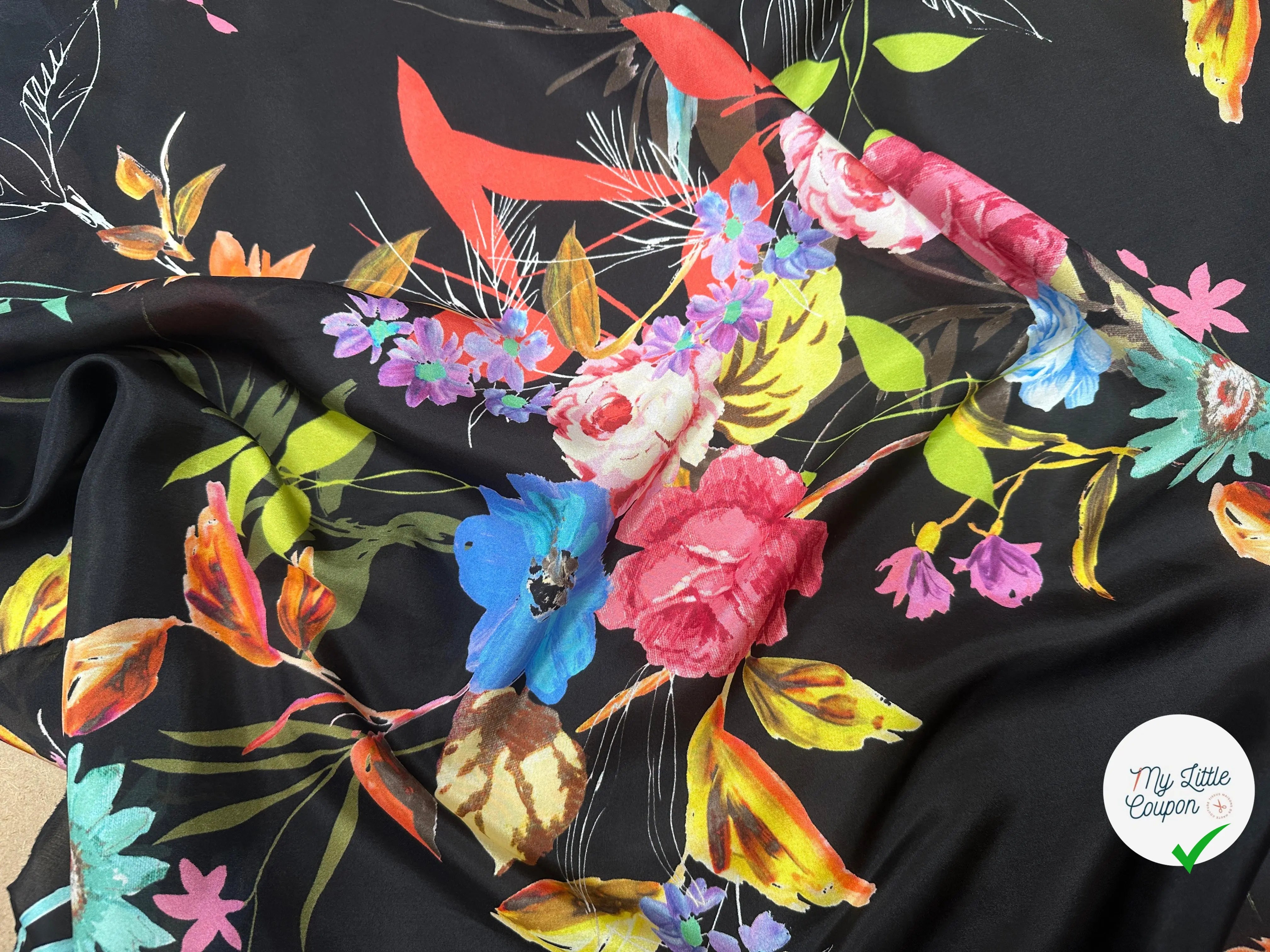 PONGÉ DE SOIE FLEURS FOND NOIR - My Little Coupon