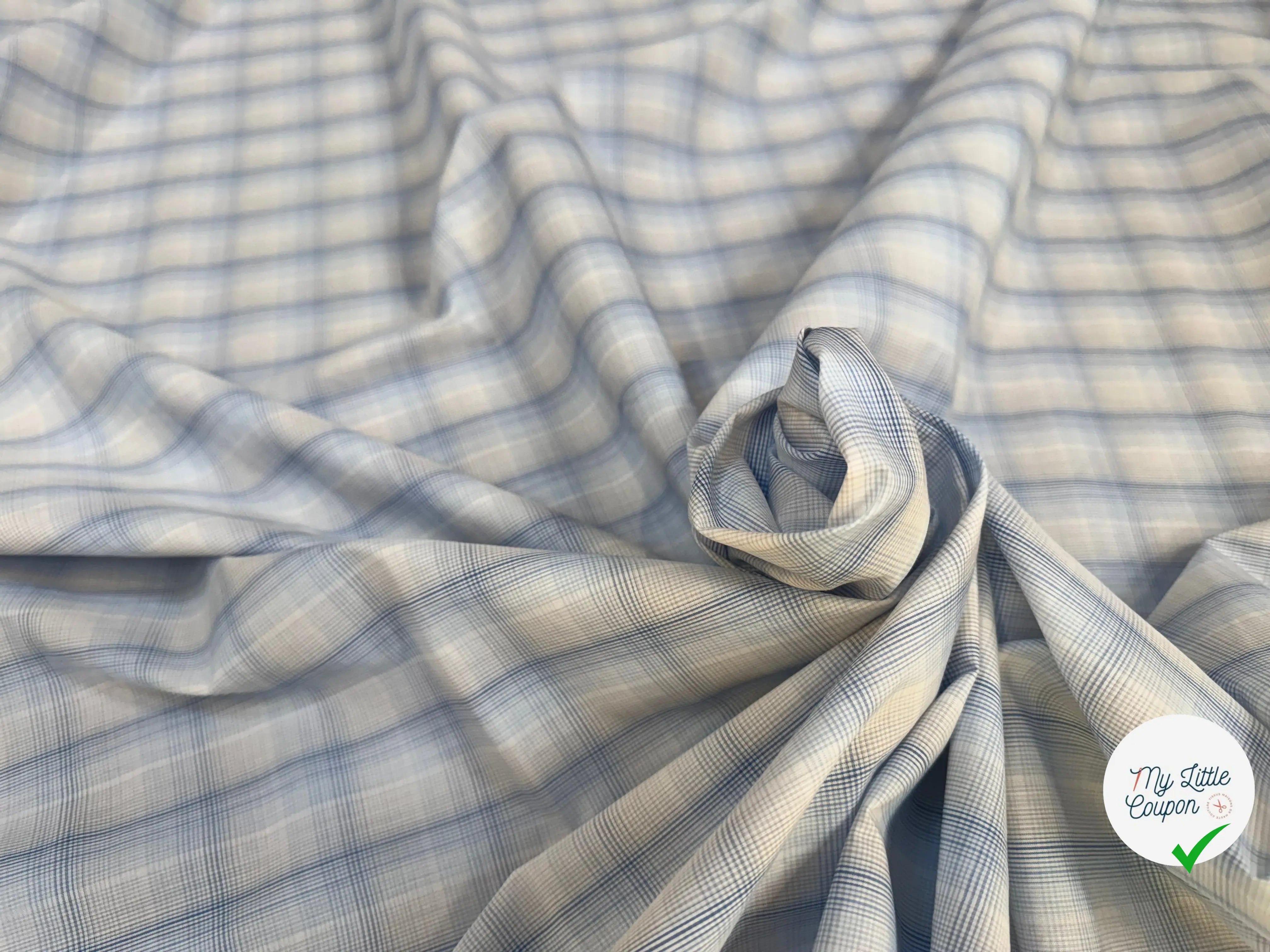 POPELINE COTON CARREAUX FOND BLANC BLEU - My Little Coupon