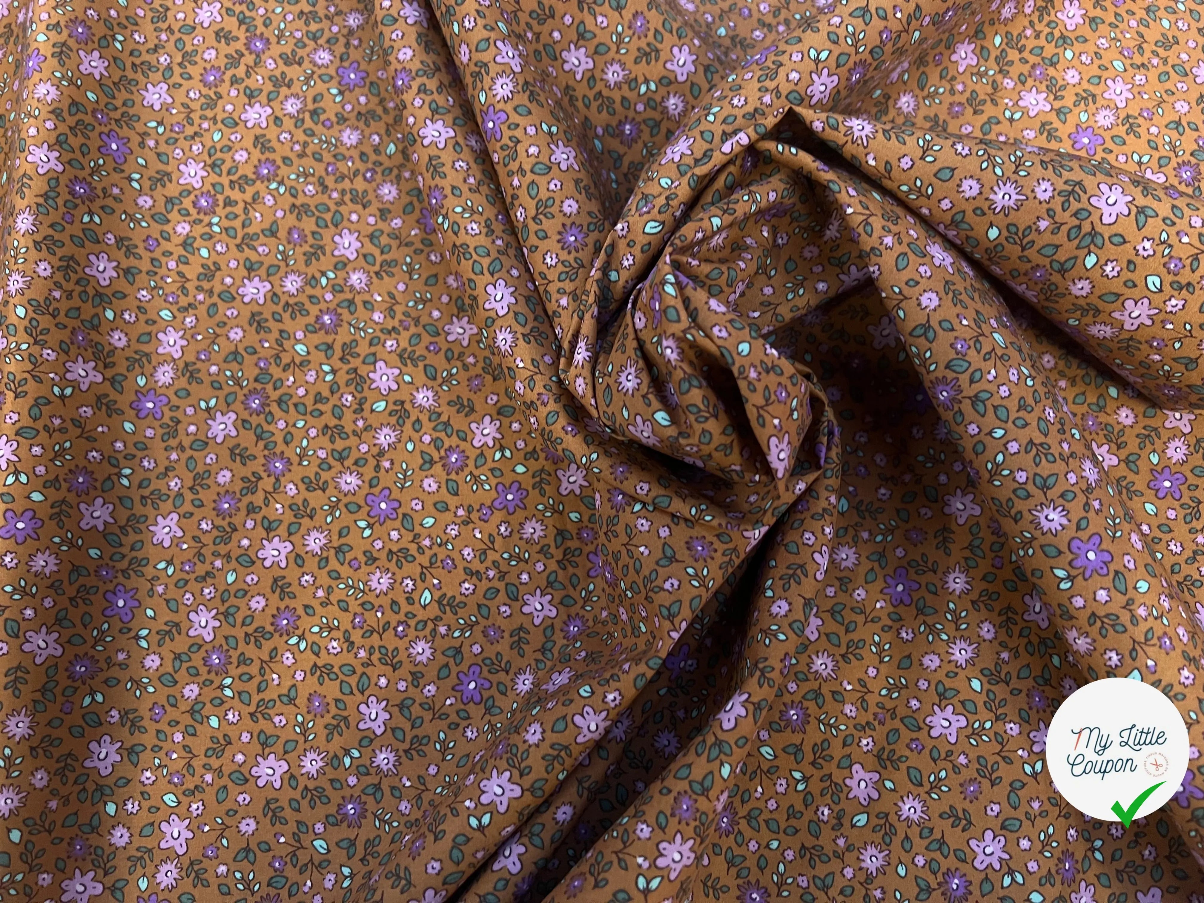 POPELINE COTON IMPRIMÉE YVETTE OCRE / MAUVE - My Little Coupon