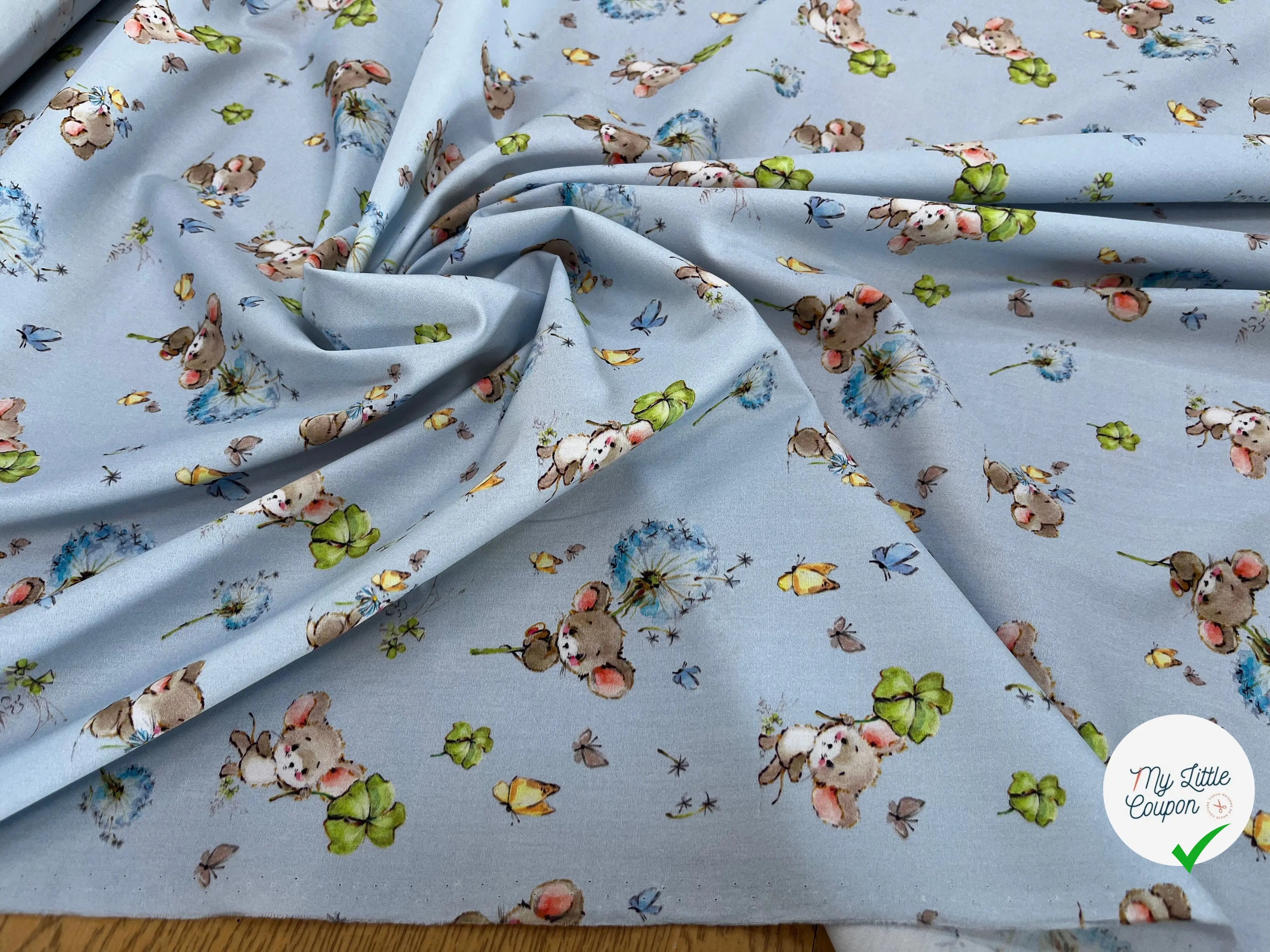 POPELINE DE COTON 120 FILS ENFANT PETITE SOURIS BLEU - My Little Coupon