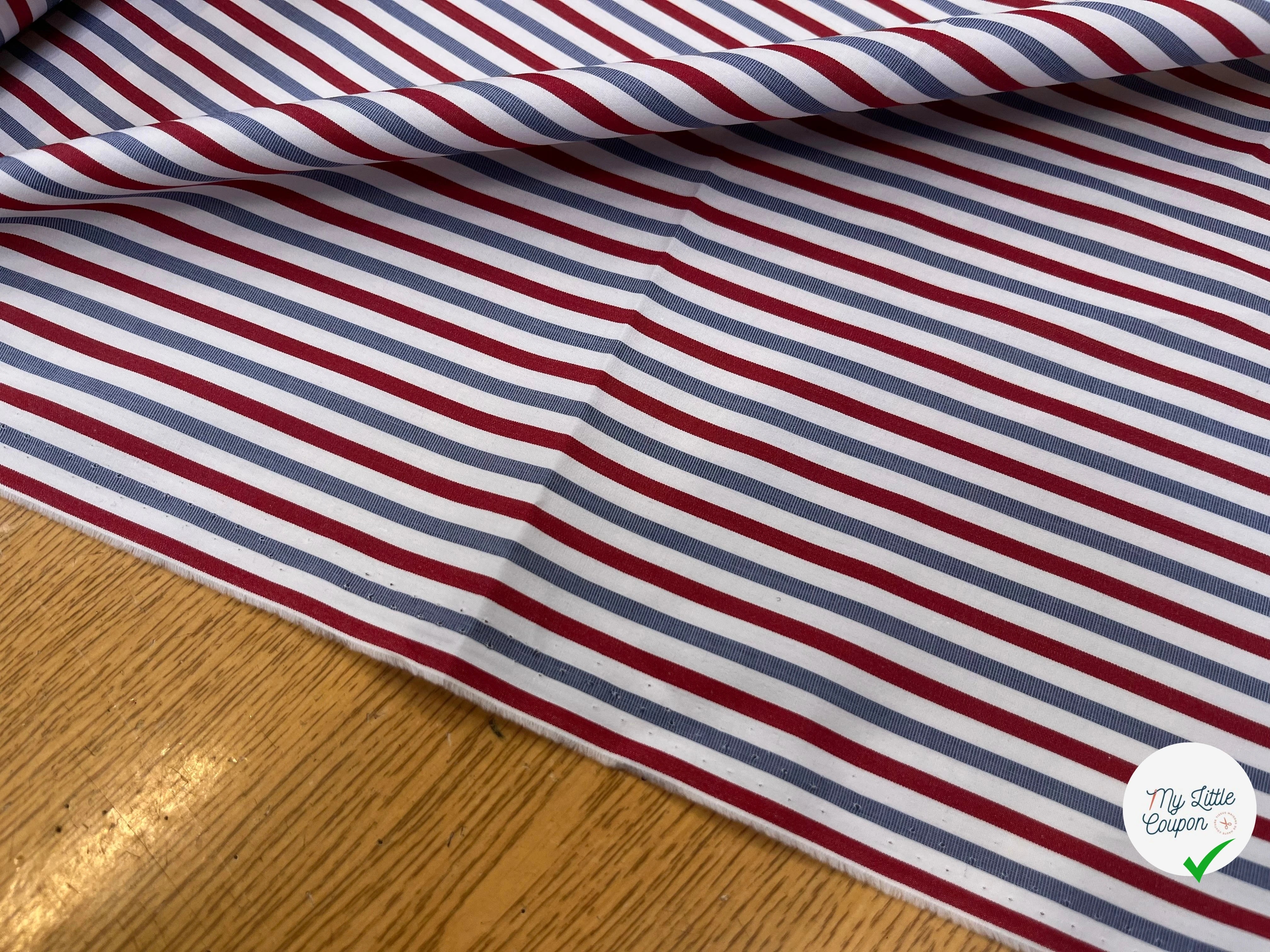 POPELINE DE COTON À RAYURES BLEUES ET ROUGES 153CM - My Little Coupon