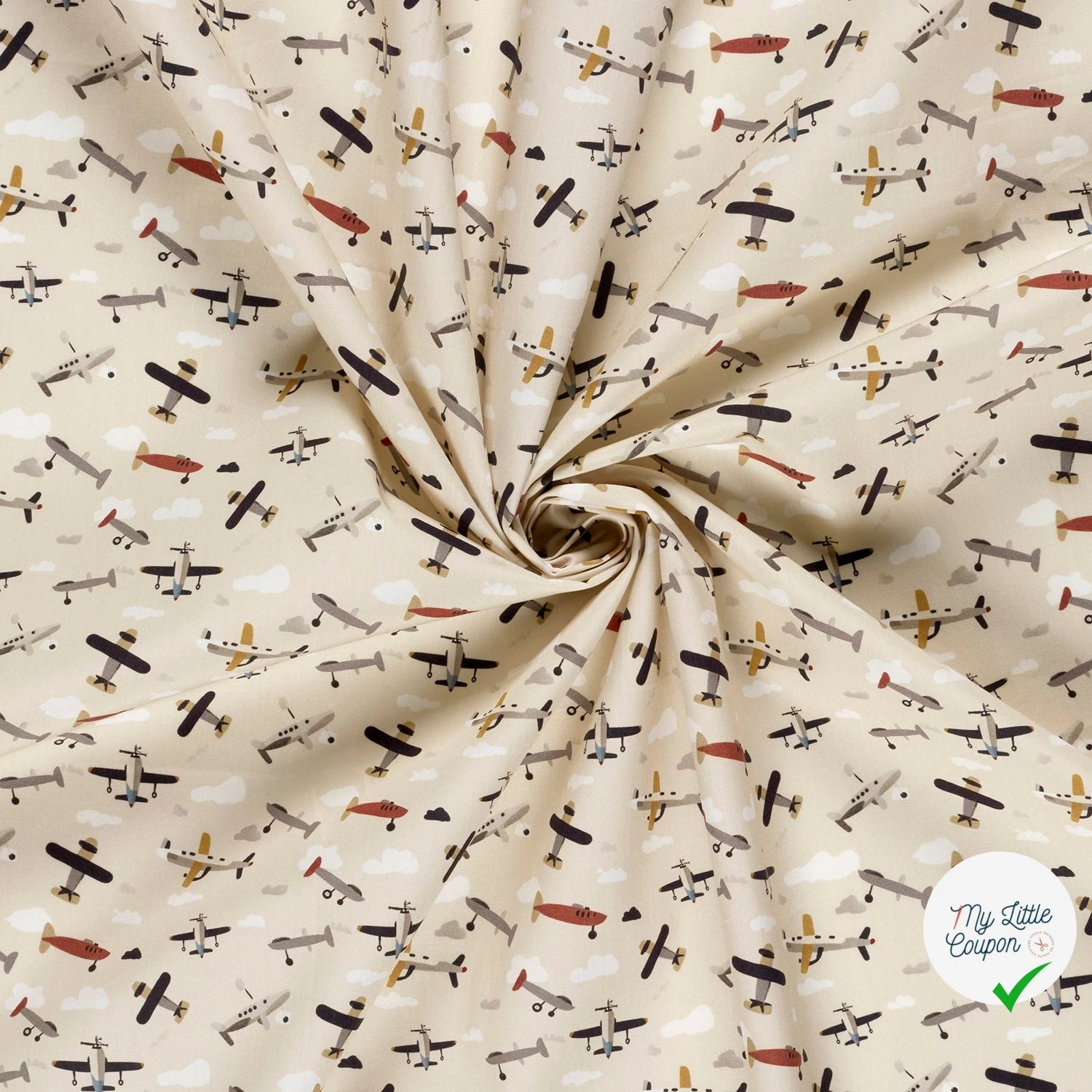POPELINE DE COTON AVIONS FOND BLANC CASSÉ - My Little Coupon