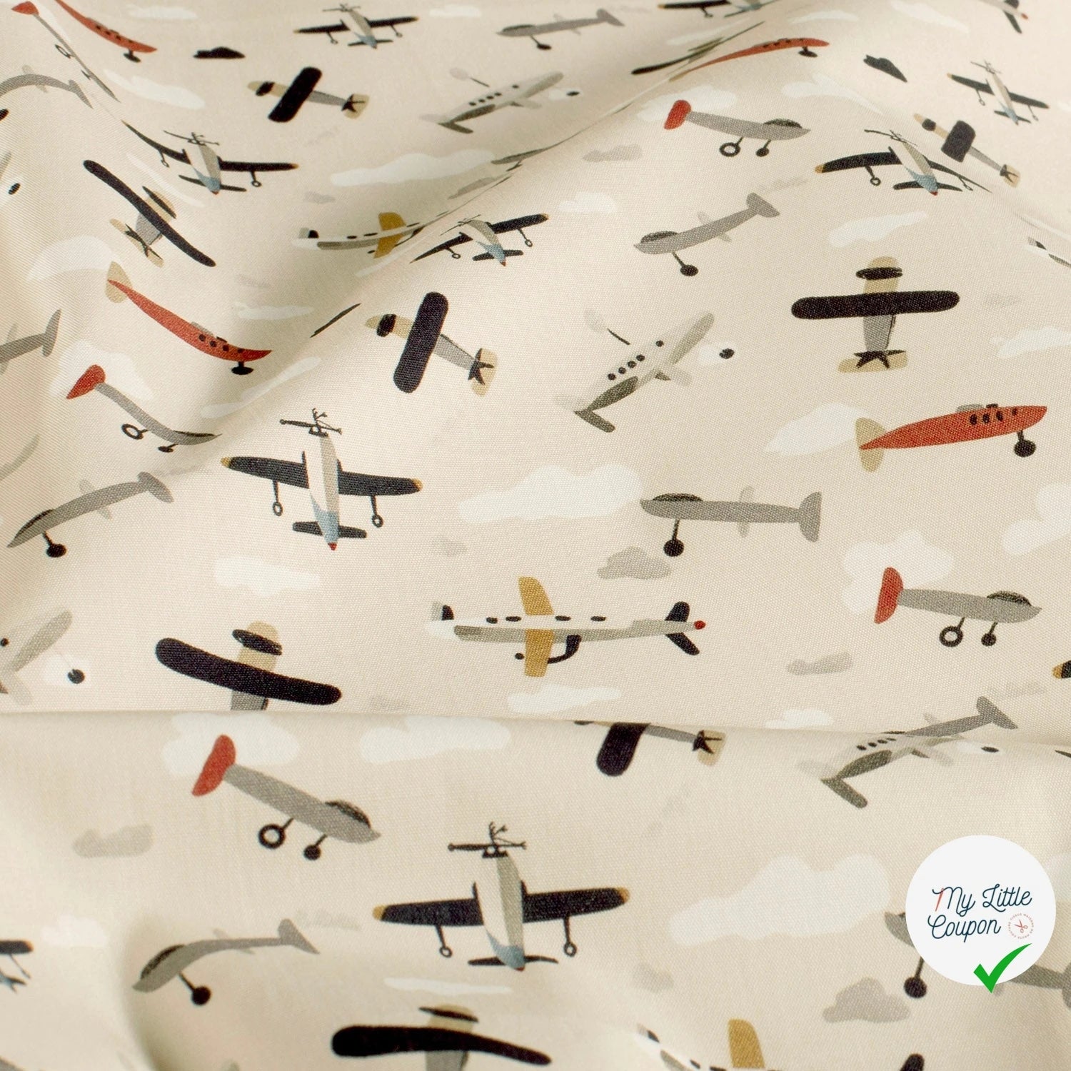 POPELINE DE COTON AVIONS FOND BLANC CASSÉ - My Little Coupon