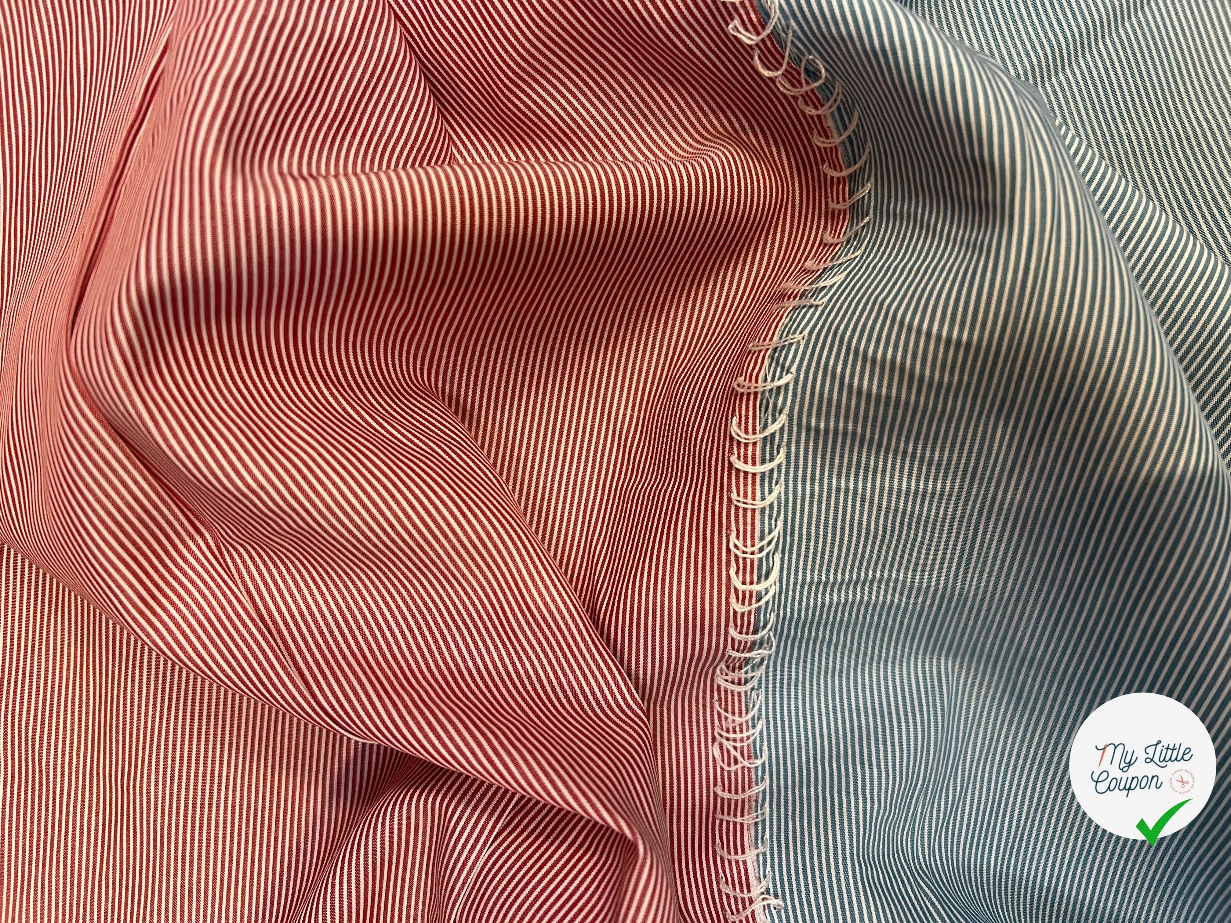 POPELINE DE COTON BICOLORE À PETITES RAYURES BLEU ET ROUGE ROSÉ - My Little Coupon