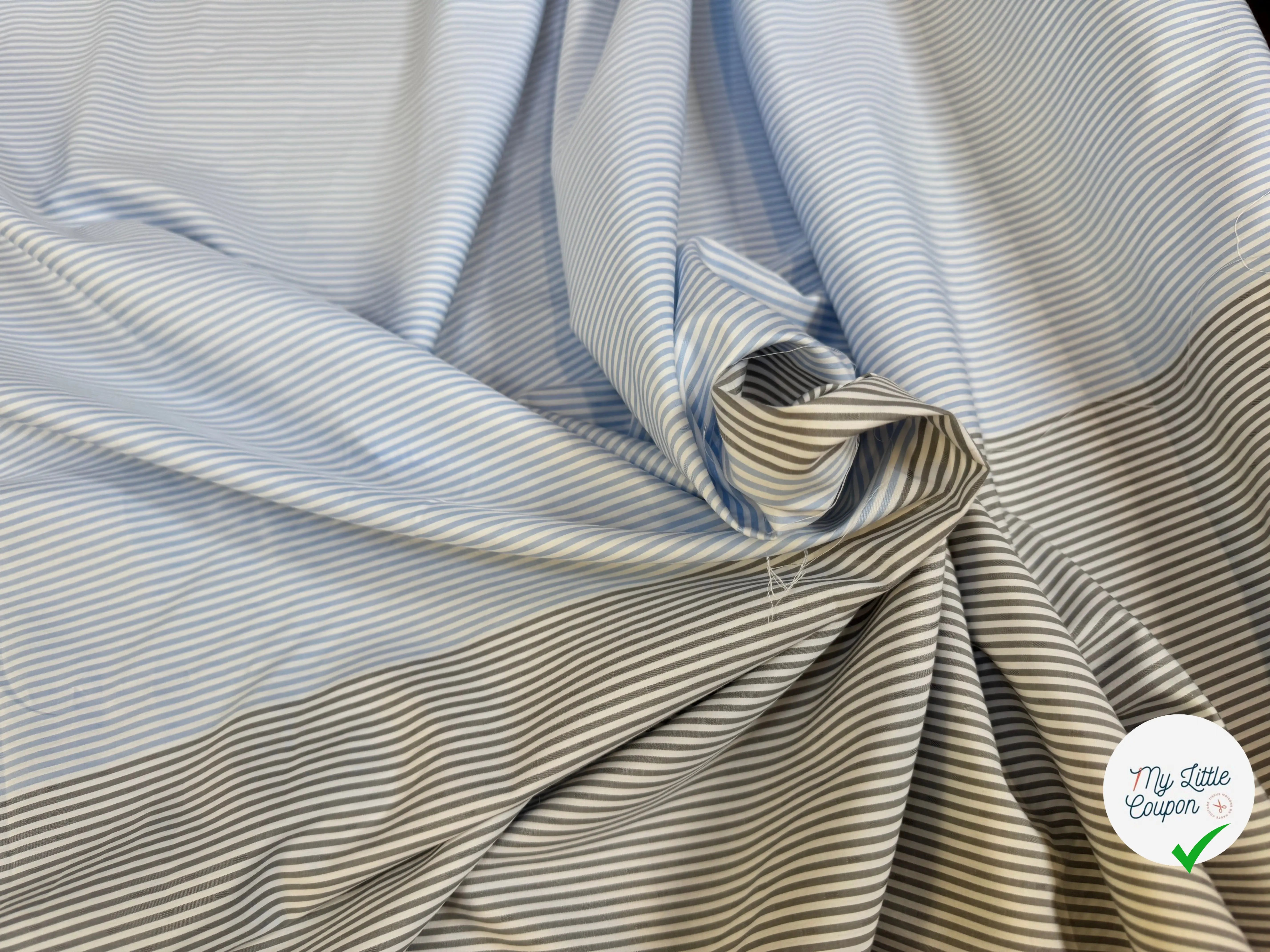 POPELINE DE COTON BICOLORE À RAYURES BLEU CIEL ET GRIS - My Little Coupon