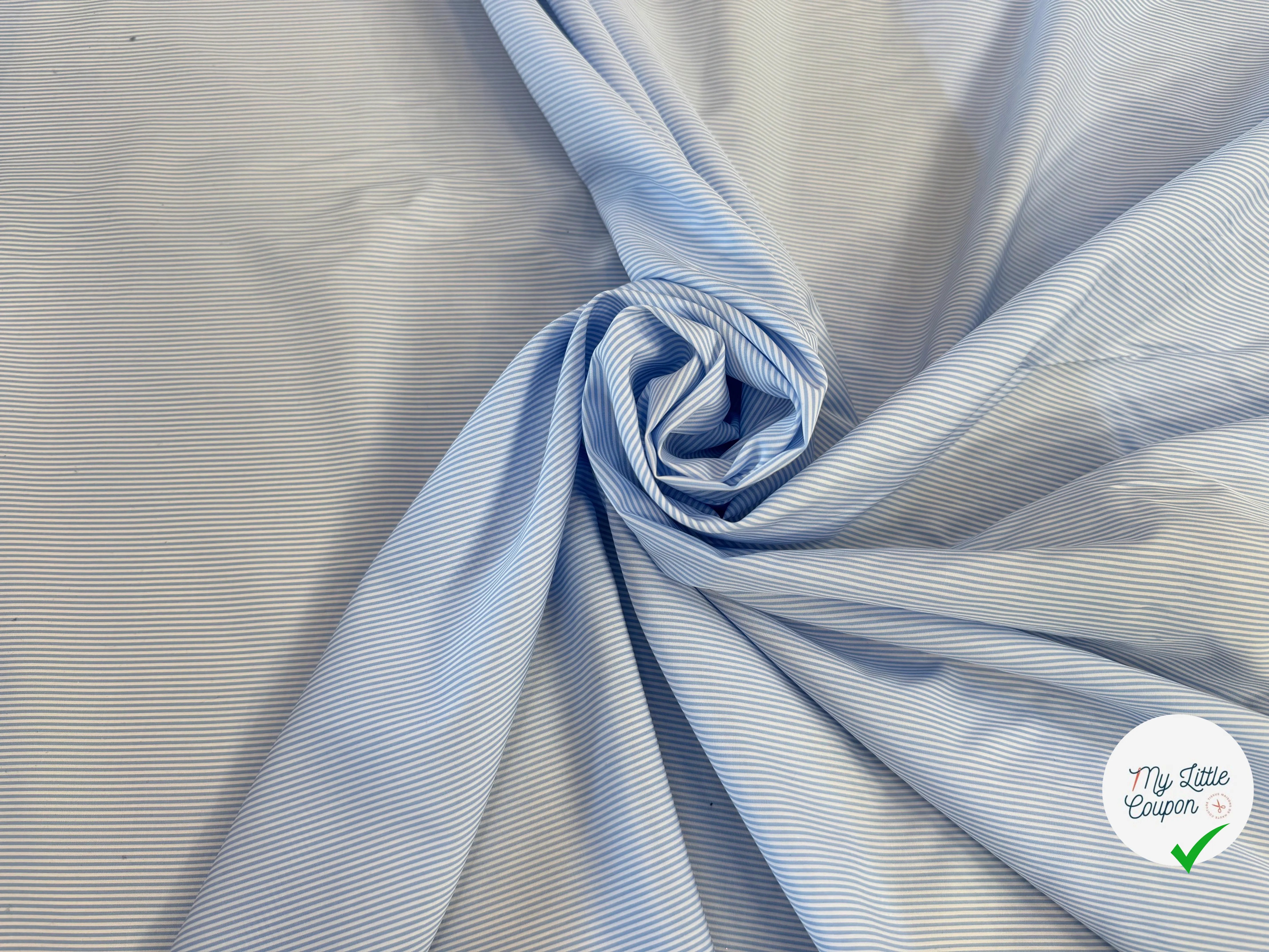 POPELINE DE COTON BLANCHE A RAYURES BLEU CIEL - My Little Coupon