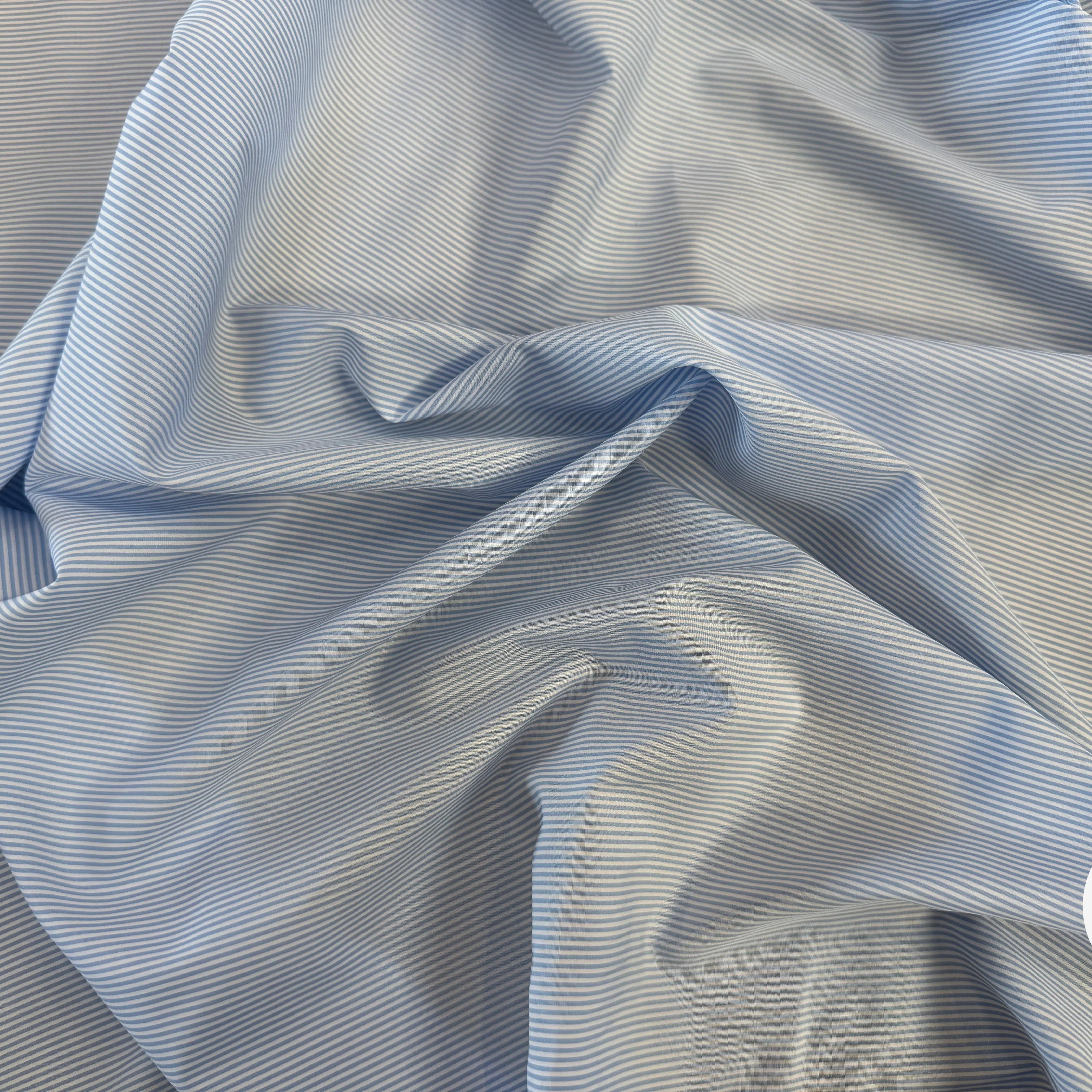 POPELINE DE COTON BLANCHE A RAYURES BLEU CIEL - My Little Coupon