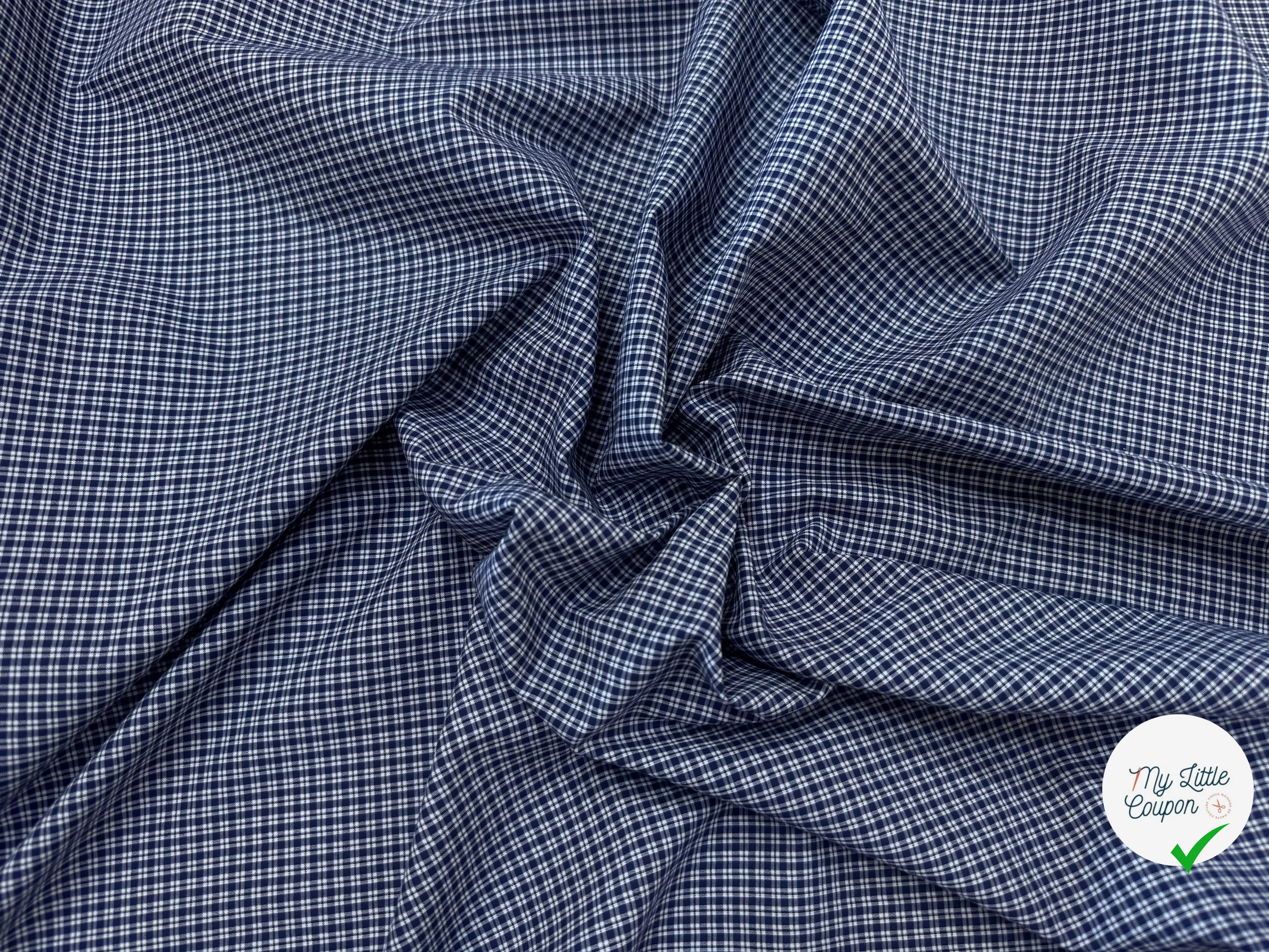 POPELINE DE COTON BLEU MARINE A PETITS CARREAUX BLANC - My Little Coupon