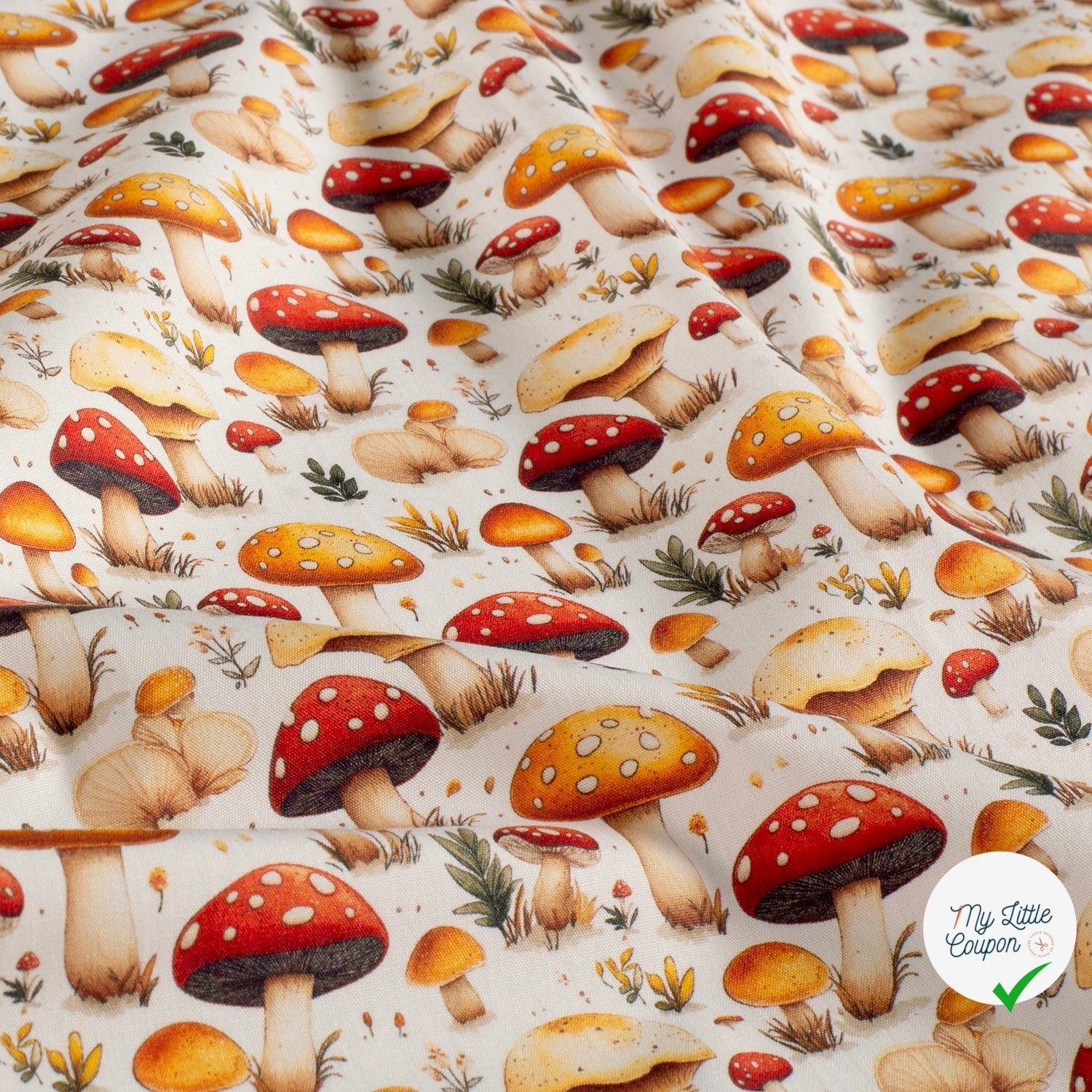 POPELINE DE COTON CHAMPIGNONS FOND BLANC - My Little Coupon