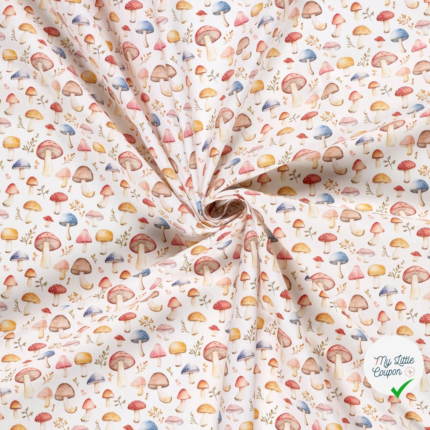 POPELINE DE COTON CHAMPIGNONS FOND BLANC TRANSPARENT - My Little Coupon