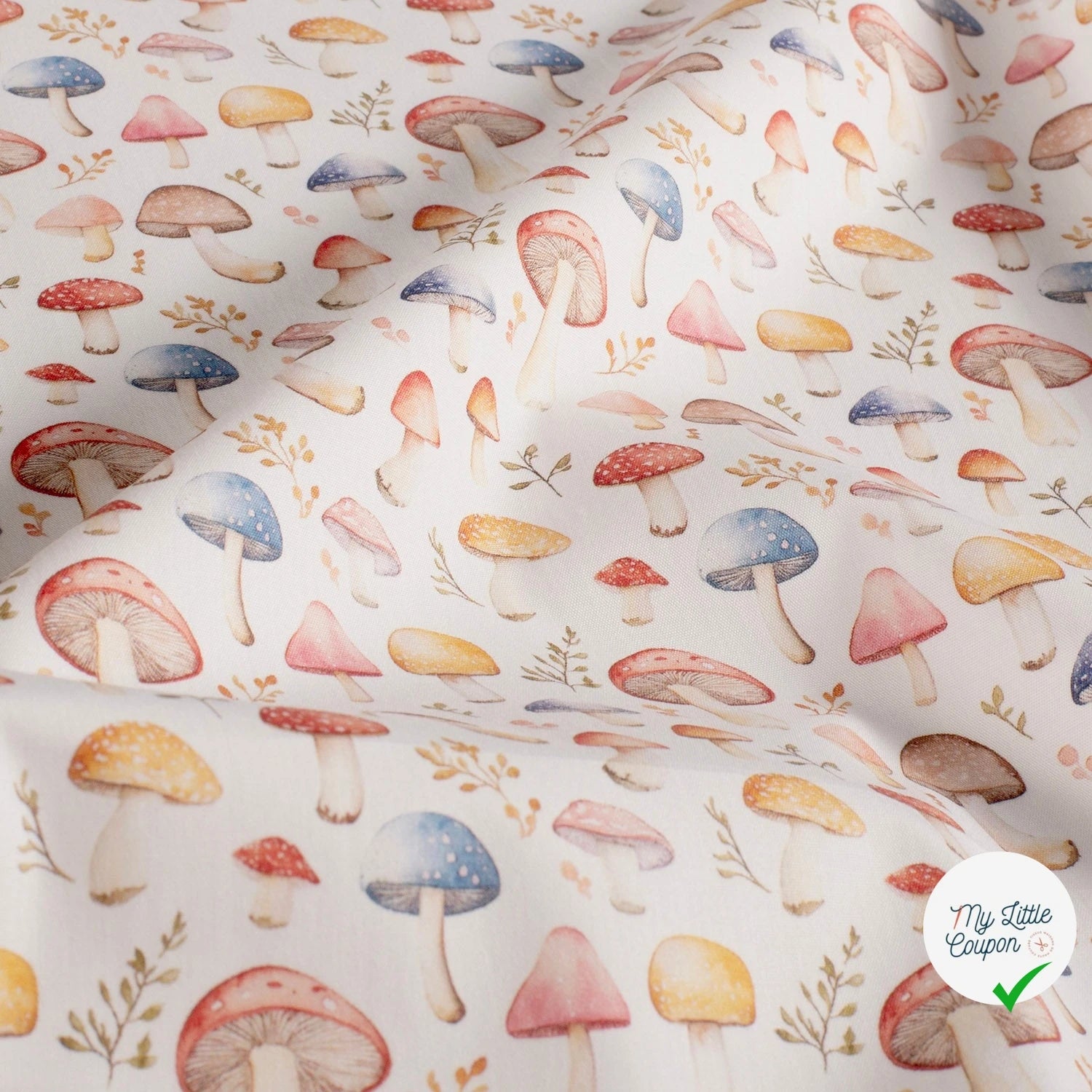POPELINE DE COTON CHAMPIGNONS FOND BLANC TRANSPARENT - My Little Coupon