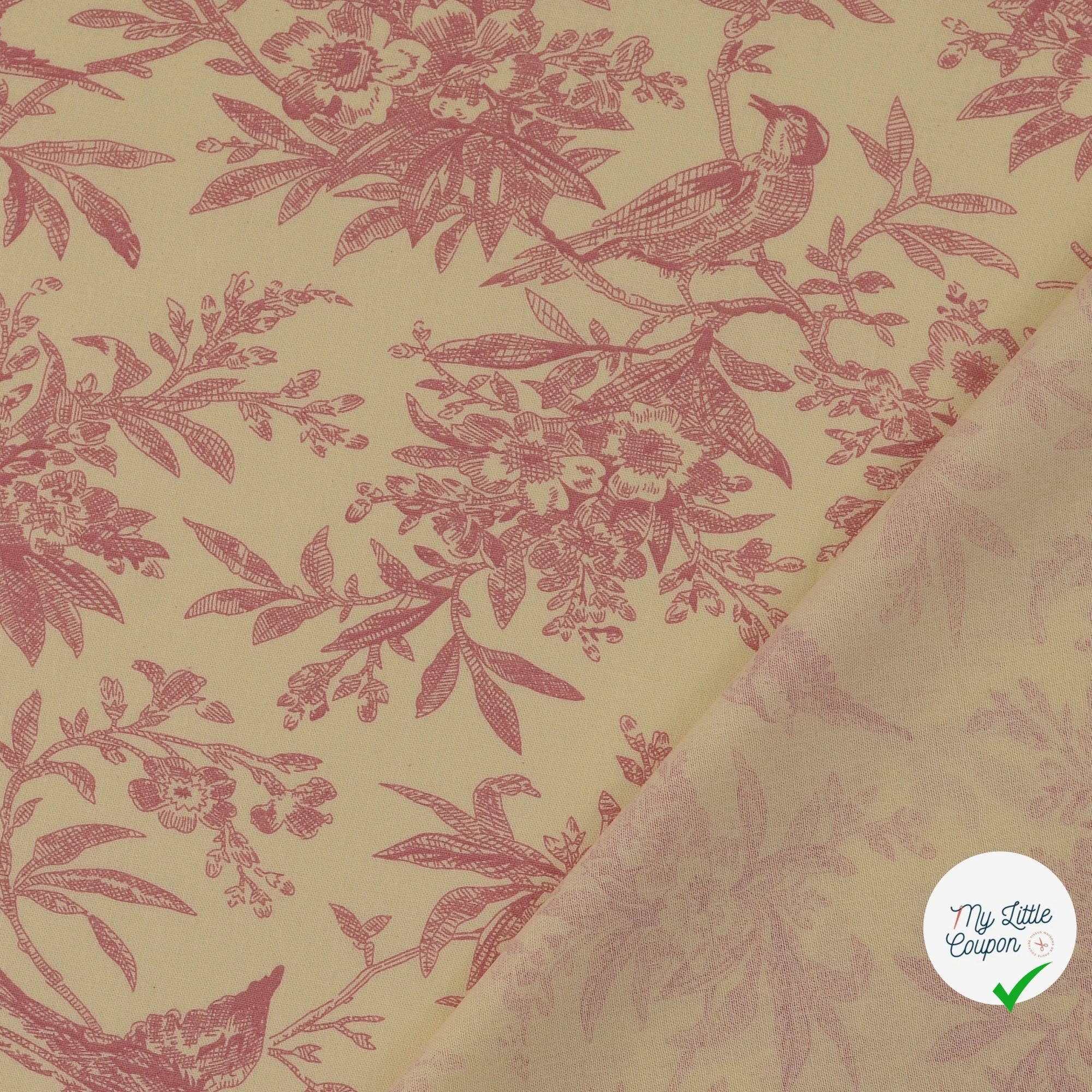 POPELINE DE COTON FEUILLES VIEUX ROSE - My Little Coupon